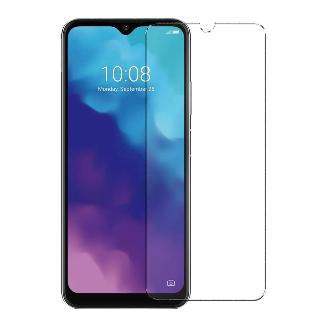 ZTE Blade V30 Vita, schwarzes Handy mit farbigem Display, von vorne. Daneben ein klarer Panzerglas-Displayschutz.