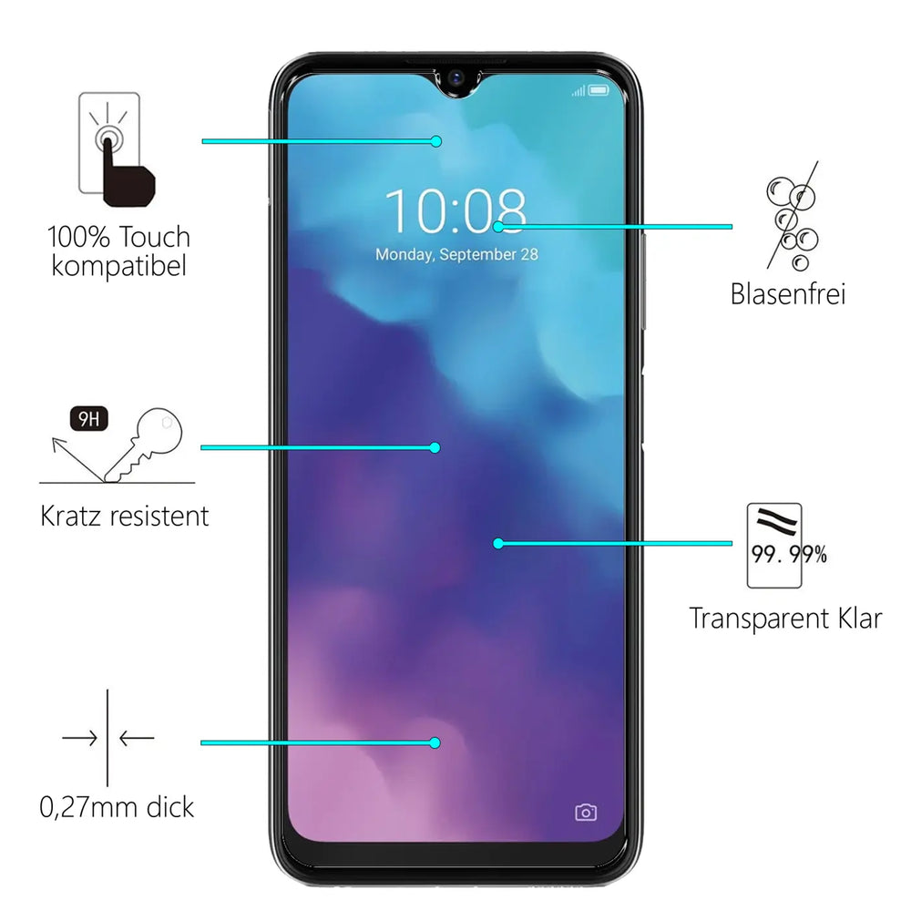 Schwarzes ZTE Blade V30 Vita Handy frontal mit Displayschutz, umgeben von Infografiken zu Eigenschaften wie 9H Härte.