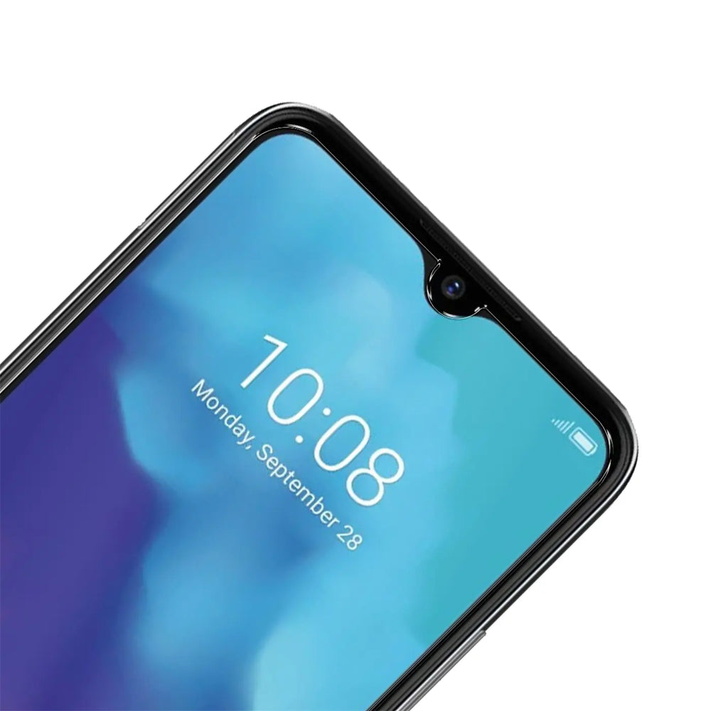 Nahaufnahme des oberen rechten Bereichs eines schwarzen ZTE Blade V30 Vita Smartphones mit Display und Frontkamera.