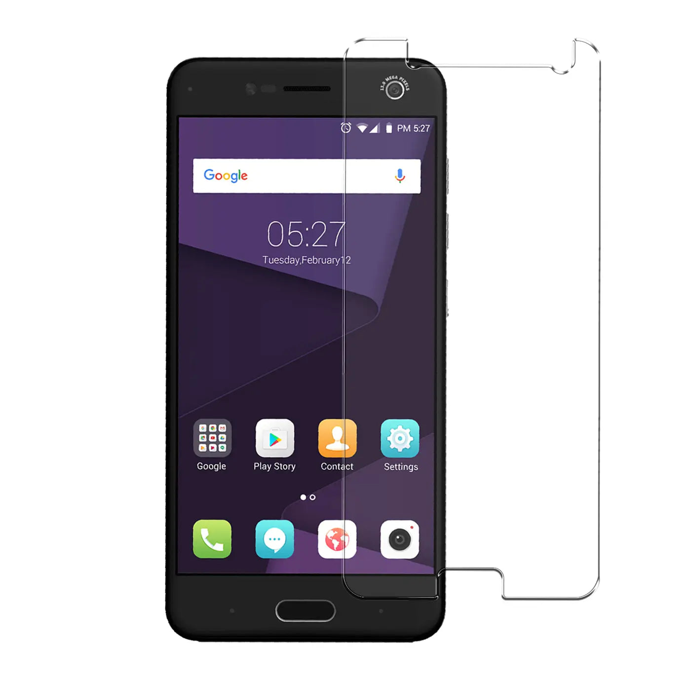 Schwarzes ZTE Blade V8 Smartphone, frontal, mit teilweise aufgelegtem, transparentem Panzerglas Displayschutz.