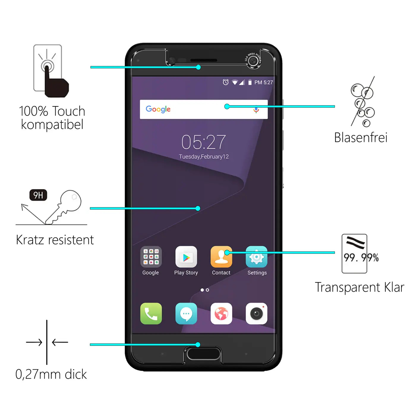 Schwarzes ZTE Blade V8 Smartphone mit Panzerglas-Displayschutz von vorne, umgeben von Icons mit Produktmerkmalen.