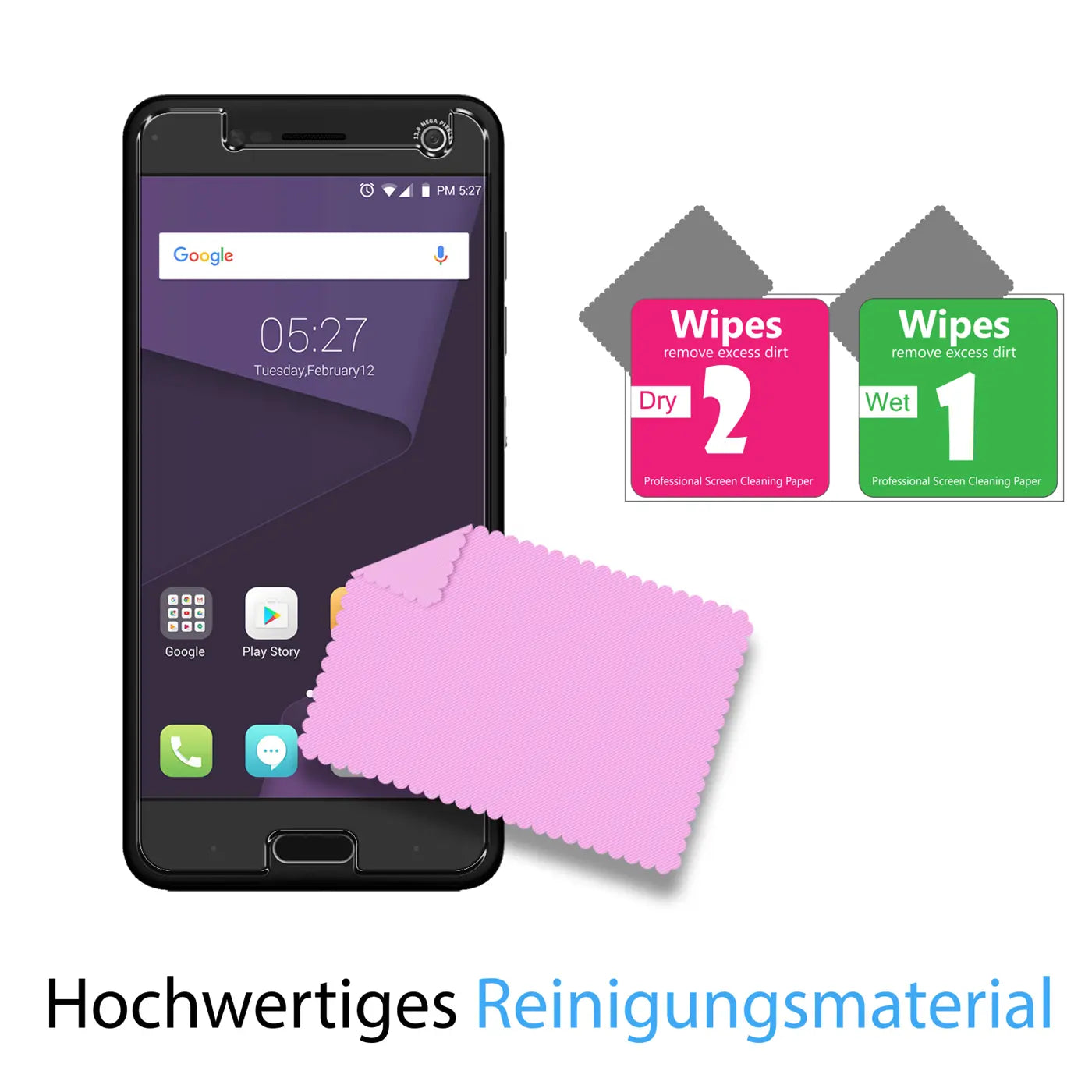 Schwarzes ZTE Blade V8 Smartphone, leicht schräg von vorne, mit rosa Mikrofasertuch und zwei Reinigungstüchern (Wet/Dry).