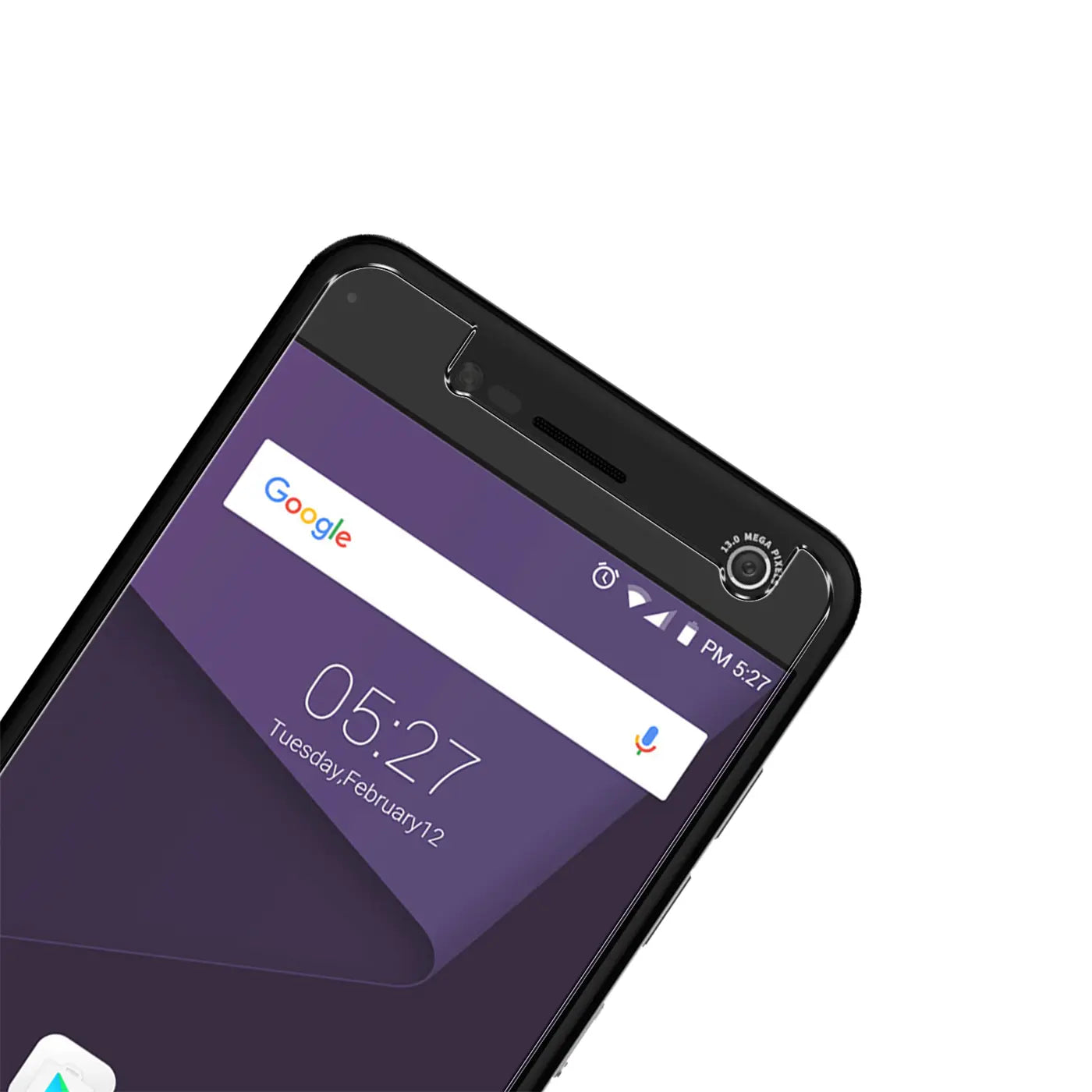 Nahaufnahme eines ZTE Blade V8 Smartphones mit klarem Panzerglas Displayschutz, schräg von oben rechts.