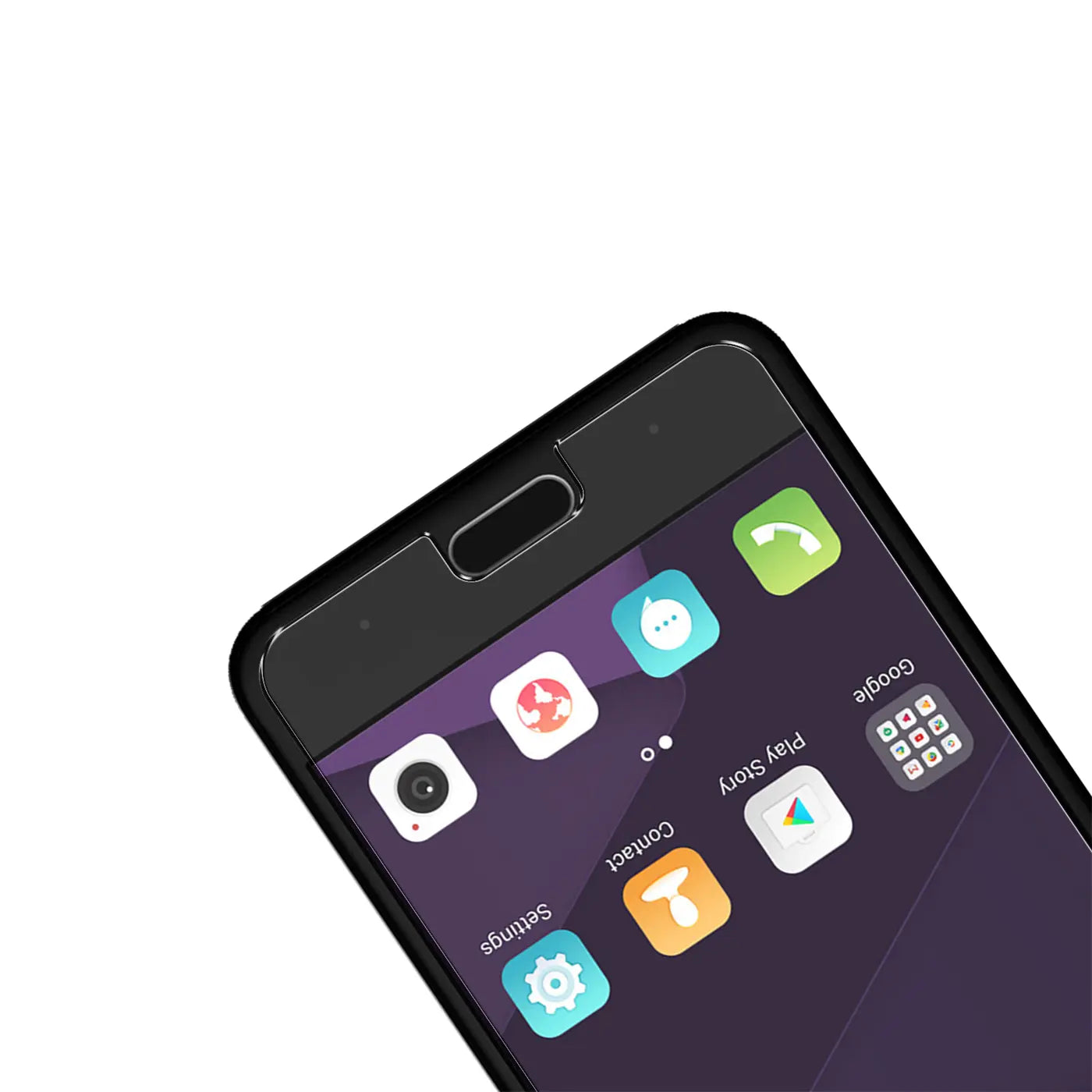 Nahaufnahme des oberen Bereichs eines schwarzen ZTE Blade V8 Smartphones mit installiertem, transparentem.
