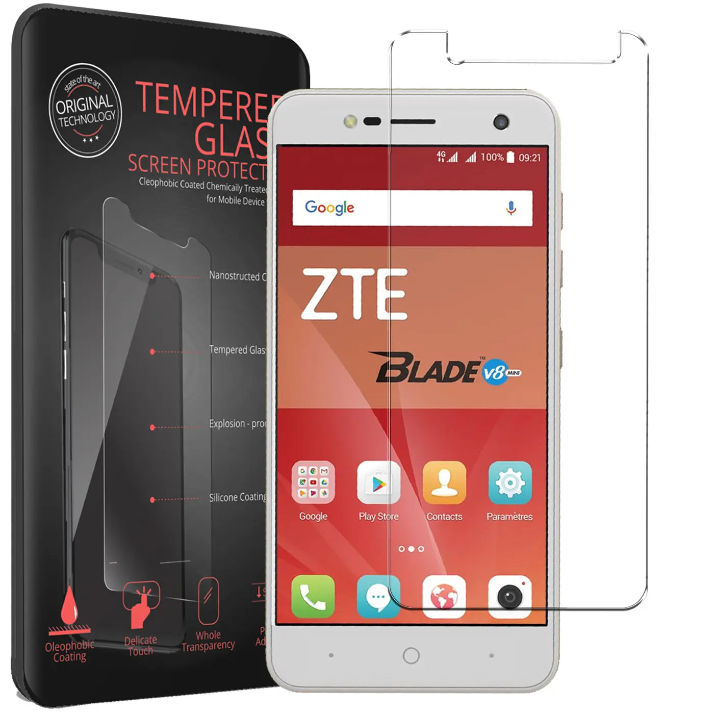 ZTE Blade V8 Mini Smartphone mit schwarzer Verpackung und 2 transparenten Panzerglas-Displayschutzfolien, schräg von vorne.