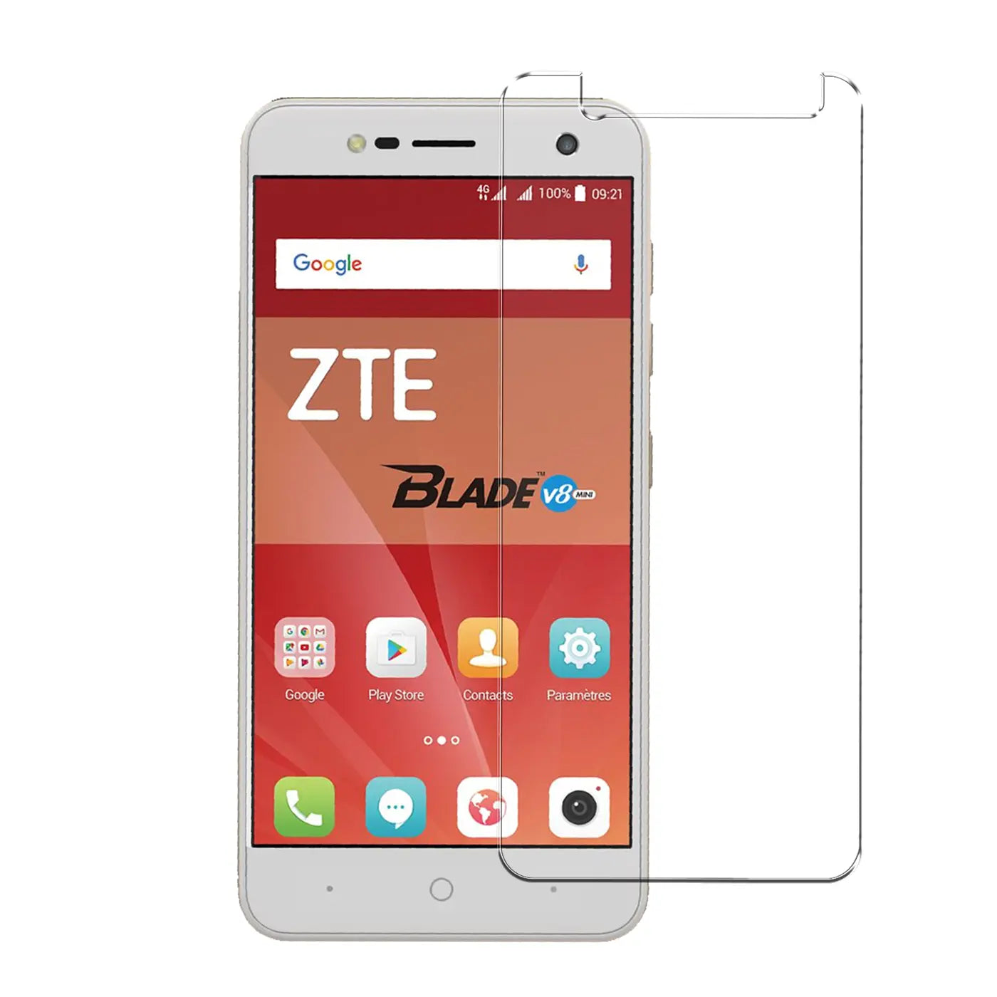 Transparenter Panzerglas-Displayschutz auf weißem ZTE Blade V8 Mini Smartphone, Vorderansicht.