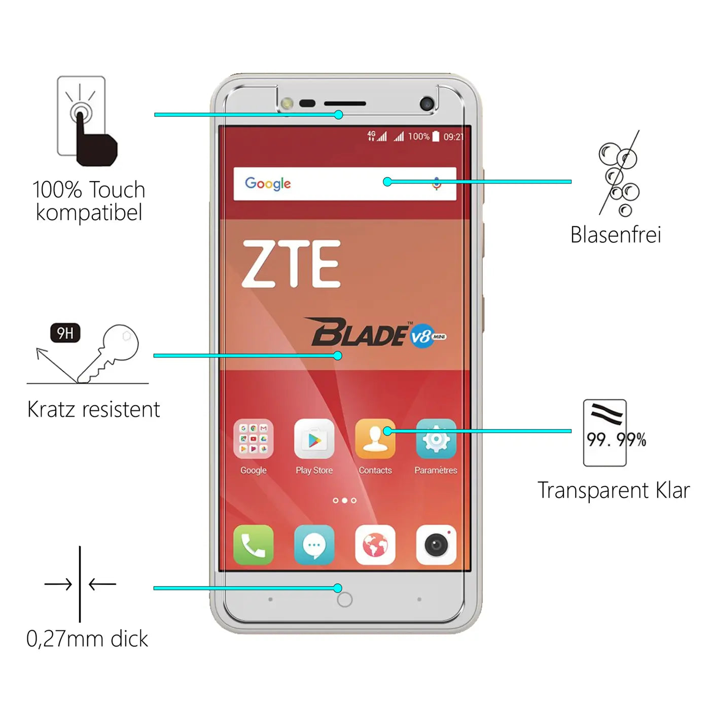 Vorderansicht eines weißen ZTE Blade V8 Mini mit Displayschutzfolie, umgeben von Icons und Texten zu dessen Eigenschaften.