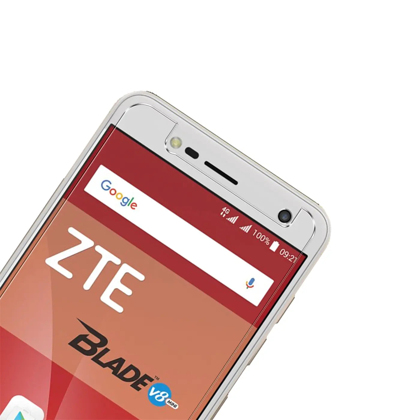 Nahaufnahme eines weißen ZTE Blade V8 Mini Smartphones, schräg von oben, mit rotem Display und Google-Suchleiste.