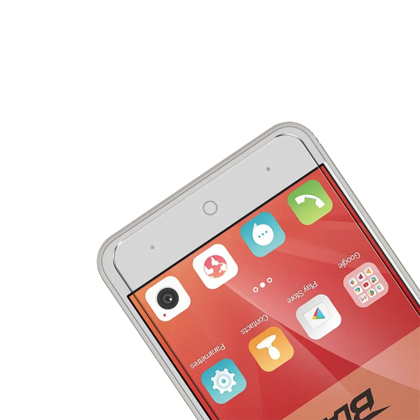 Schrägansicht des oberen Teils eines weißen ZTE Blade V8 Mini mit rotem Display und App-Icons.