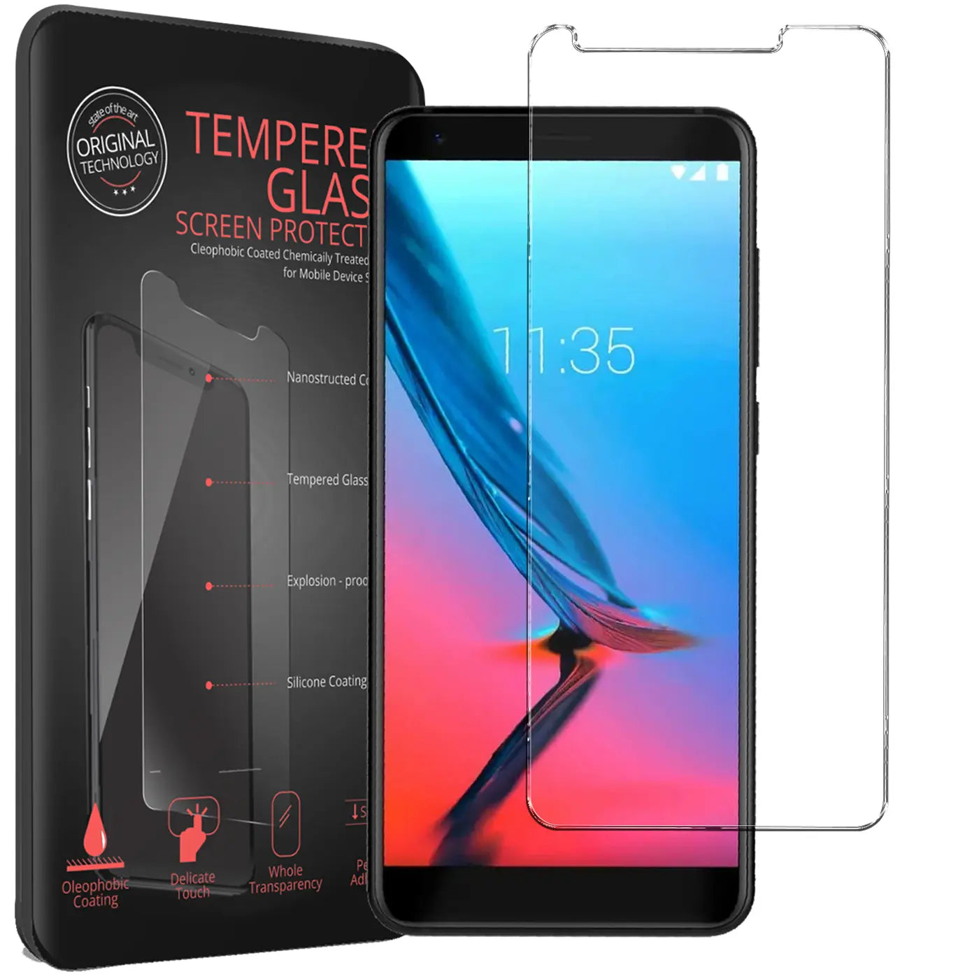 Schwarze Verpackung mit Text "TEMPERED GLASS SCREEN PROTECT", daneben ein schwarzes ZTE Blade V9 und ein Panzerglas.