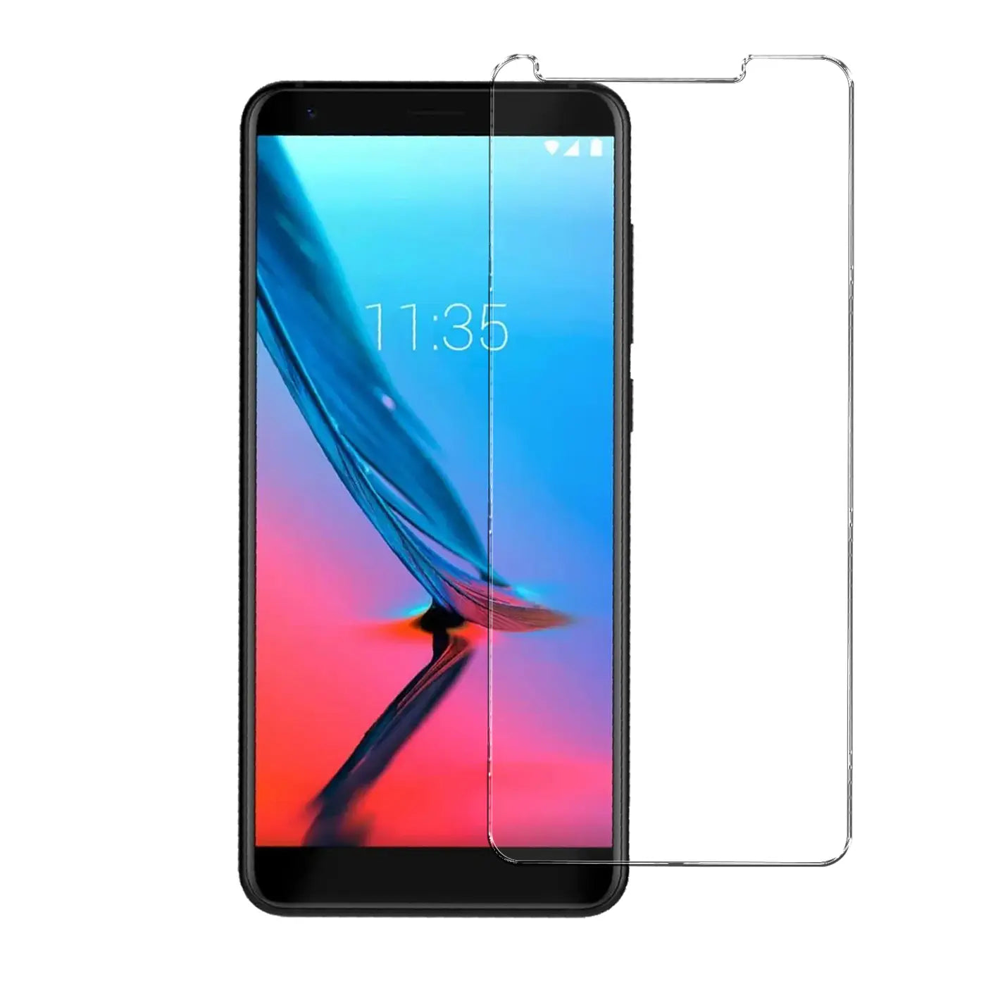 Schwarzes ZTE Blade V9 Smartphone von vorne mit transparentem Panzerglas-Displayschutz daneben, auf weißem Hintergrund.