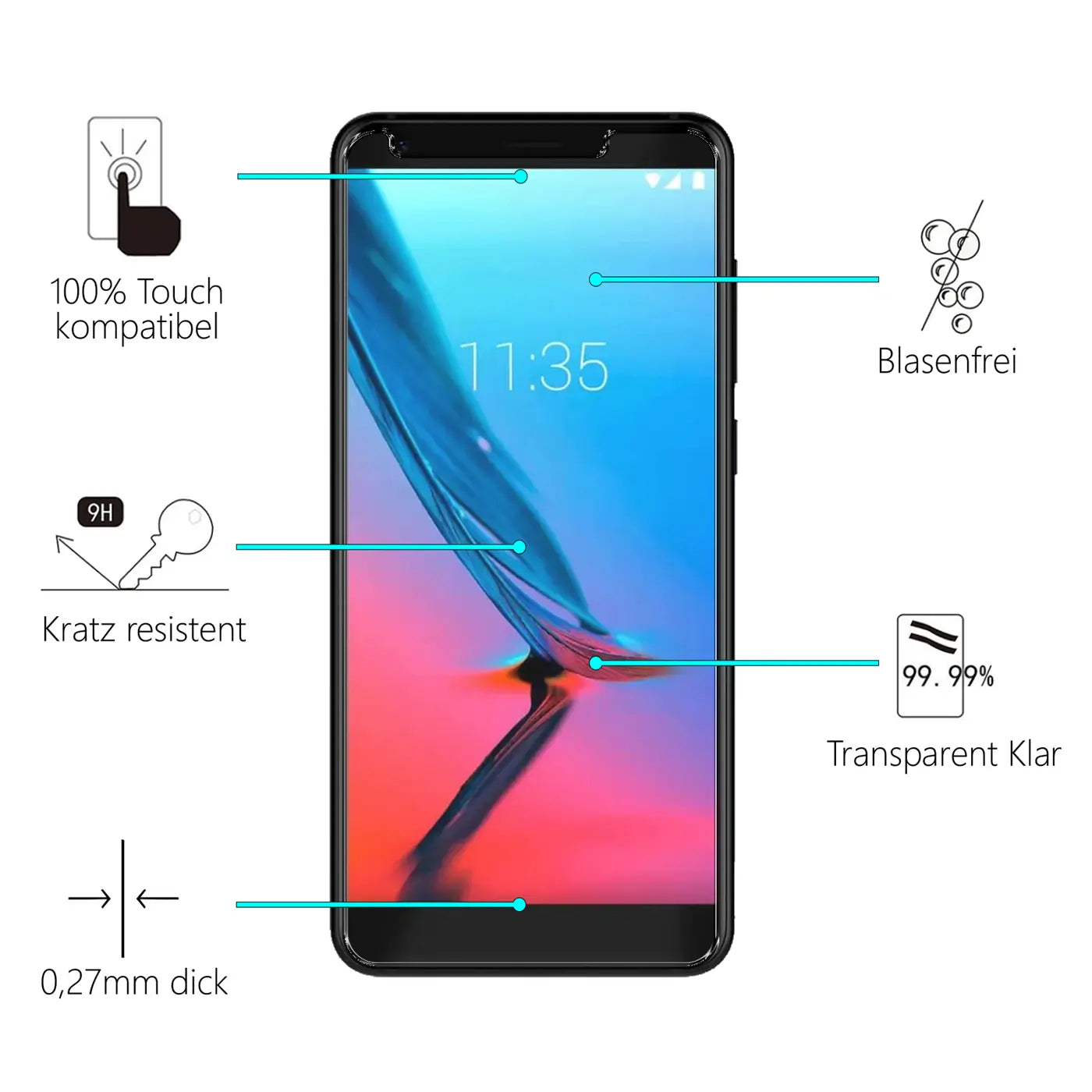 Schwarzes ZTE Blade V9 Smartphone von vorne mit blau-rotem Display und Text-Icons zu Panzerglas-Eigenschaften.