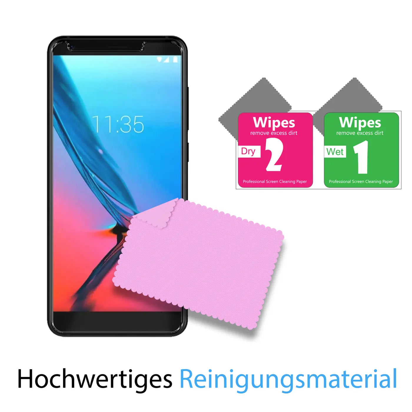 Schwarzes ZTE Blade V9 Smartphone, frontal, mit rosa Mikrofasertuch und zwei Reinigungstüchern (nass/trocken).
