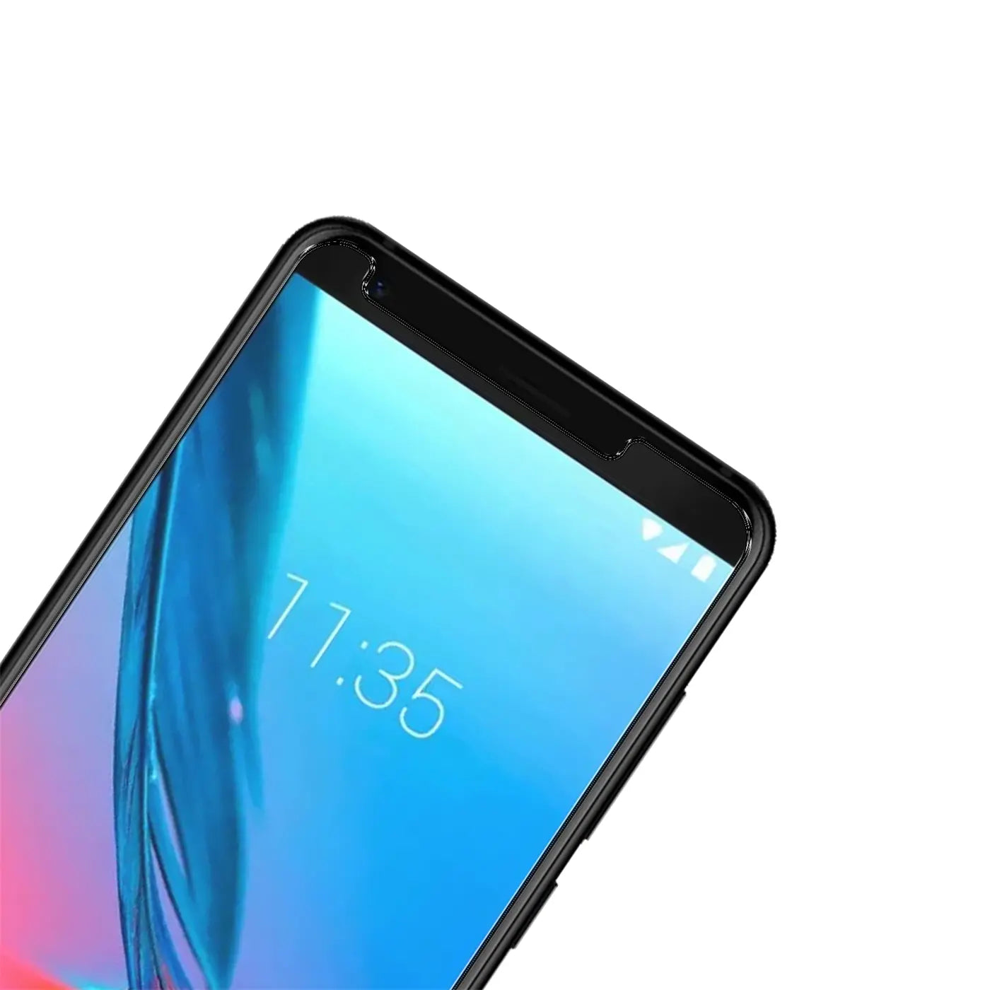 Nahaufnahme des oberen linken Bereichs eines schwarzen ZTE Blade V9 Smartphones mit blauem Display, schräg von oben.