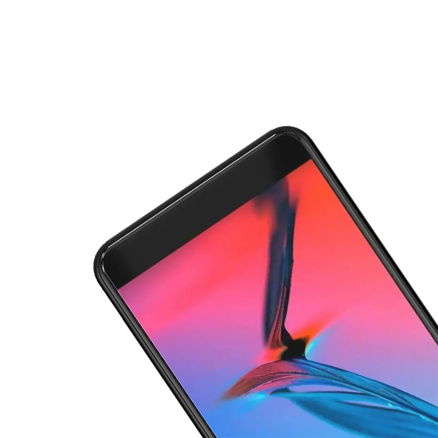 Nahaufnahme des oberen linken Bereichs eines schwarzen ZTE Blade V9 Smartphones mit farbigem Display, schräg von oben.