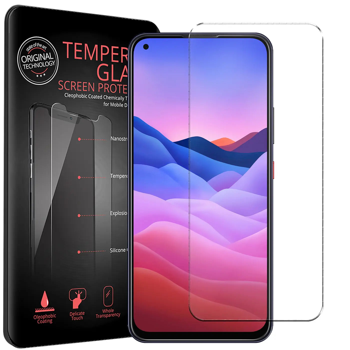 ZTE Blade V2020 mit transparentem Panzerglas-Displayschutz und schwarzer Verpackung, schräg von vorne.