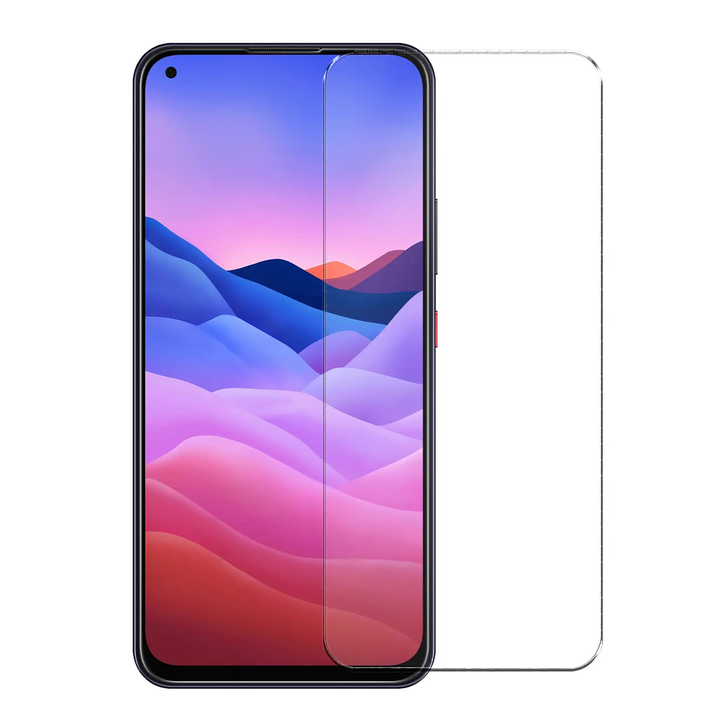 Zwei transparente Panzerglas-Displayschutzfolien für ZTE Blade V2020, eine auf Display, eine daneben, frontal.