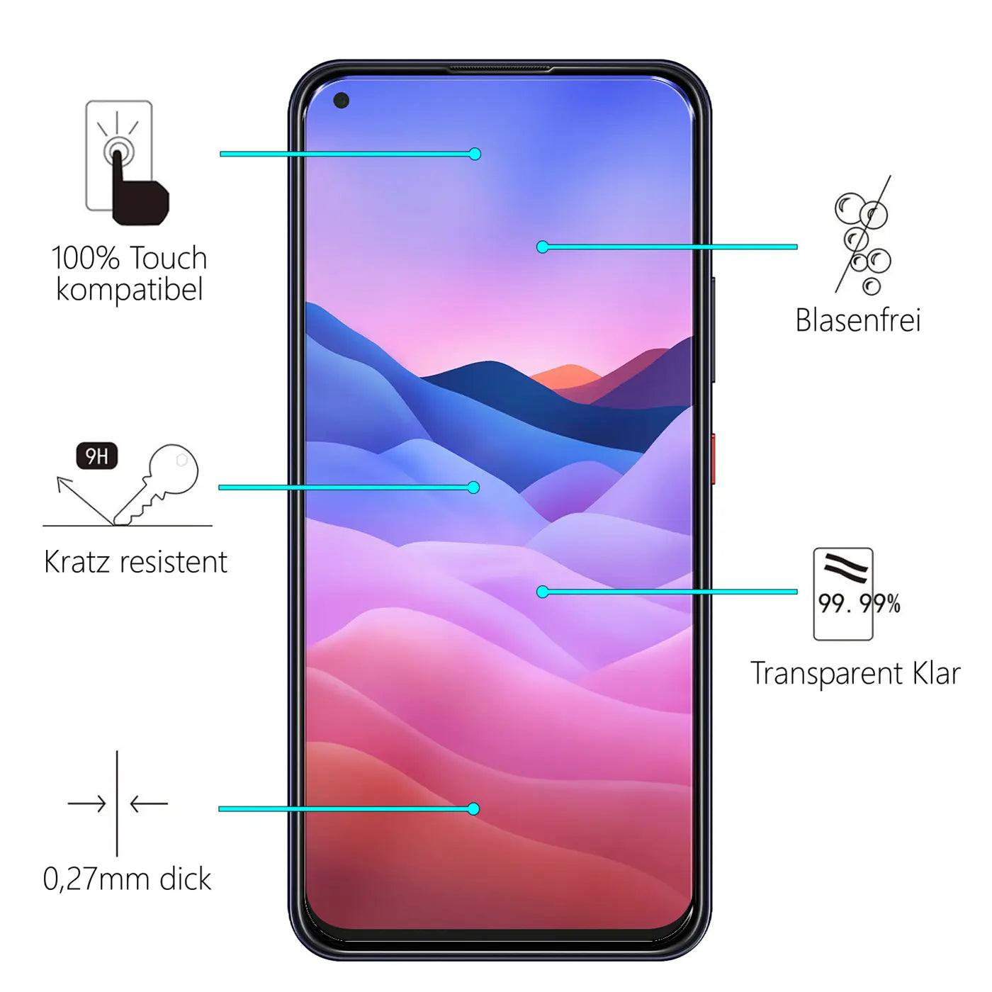 ZTE Blade V2020 Smartphone mit Panzerglas-Displayschutz, frontal, umgeben von Icons für Eigenschaften wie "Kratz resistent".