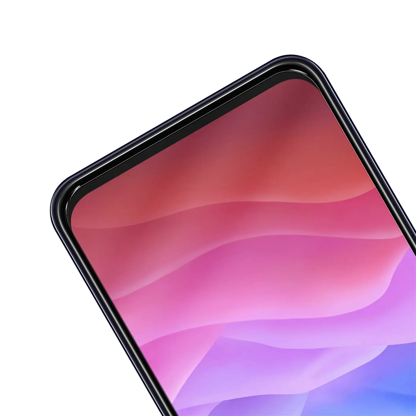 ZTE Blade V2020 mit schwarzem Panzerglas Displayschutz, schräg von oben. Rotes, pinkes und blaues Display.