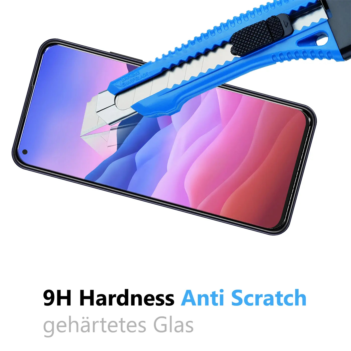 Blaues Cuttermesser auf dem Display eines ZTE Blade V2020 Handys mit farbigem Hintergrund, von oben rechts.