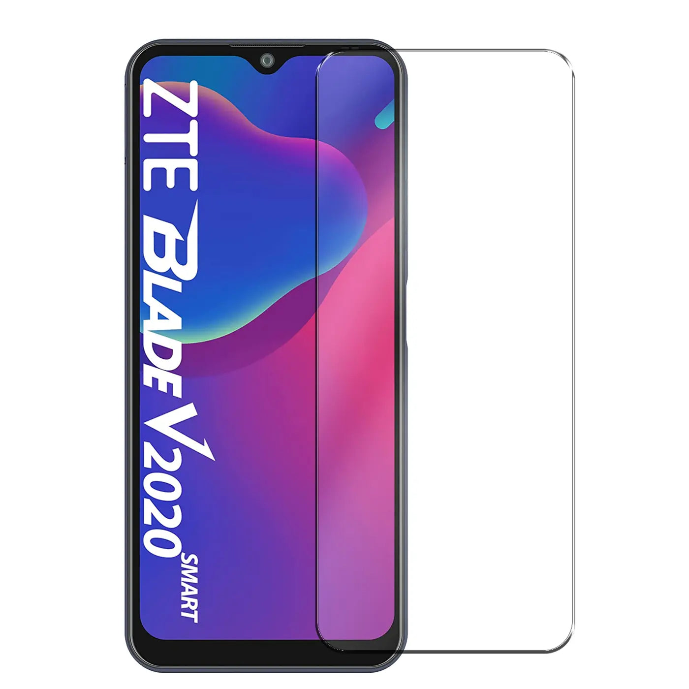 Schwarzes ZTE Blade V2020 Smart Handy mit farbigem Display und daneben ein transparentes Panzerglas von vorne.