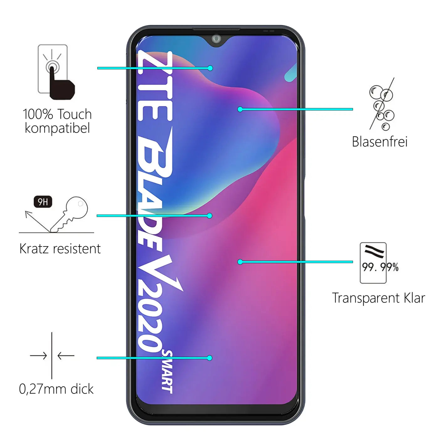 Schwarzes ZTE Blade V2020 Smart Handy frontal mit Display-Schutzfolie und Produktmerkmalen auf weißem Hintergrund.