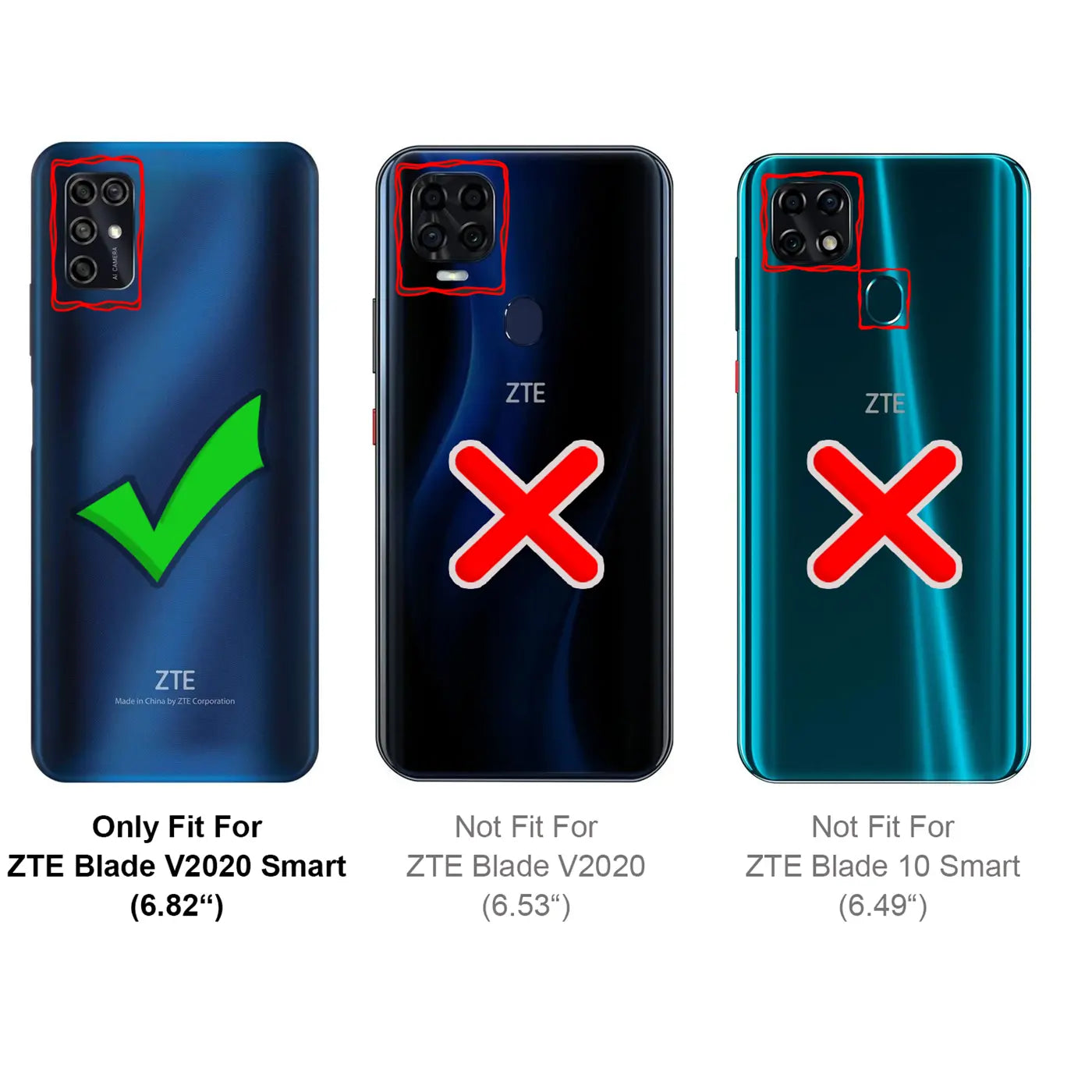Drei ZTE Smartphones von hinten: Links blaues Blade V2020 Smart mit Haken, Mitte schwarzes Blade V2020 mit X, Rechts türkis.