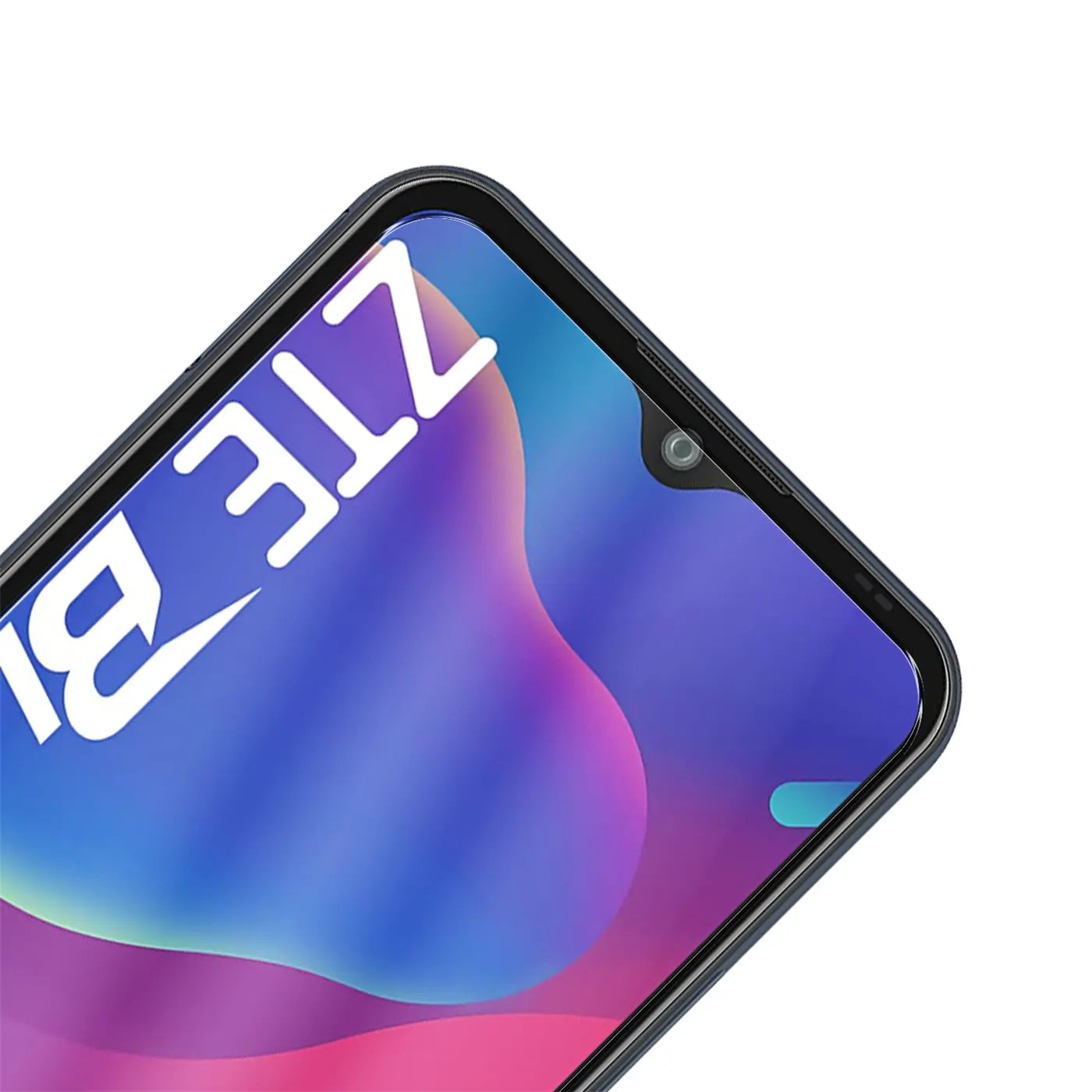 Nahaufnahme des oberen rechten Bereichs eines schwarzen ZTE Blade V2020 Smart Smartphones mit Display-Notch und Kamera.