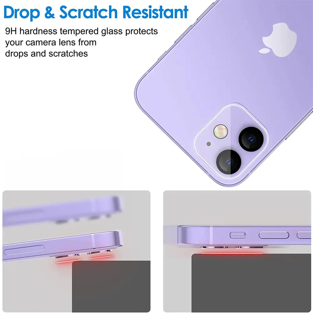 Lila iPhone 12 mit Kamera-Schutzglas, Nahaufnahme der Rückseite und Seitenansicht.