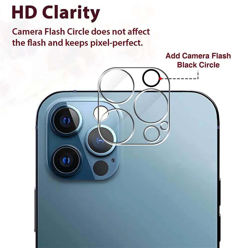 Kamera-Schutzglas aus Glas auf iPhone 12 Pro Rückseite, Nahaufnahme, von oben