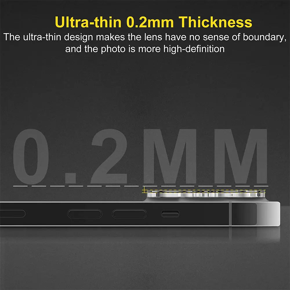 iPhone 13/13 Mini Kamera Schutzglas, 0.2mm Dicke, von der Seite gesehen.