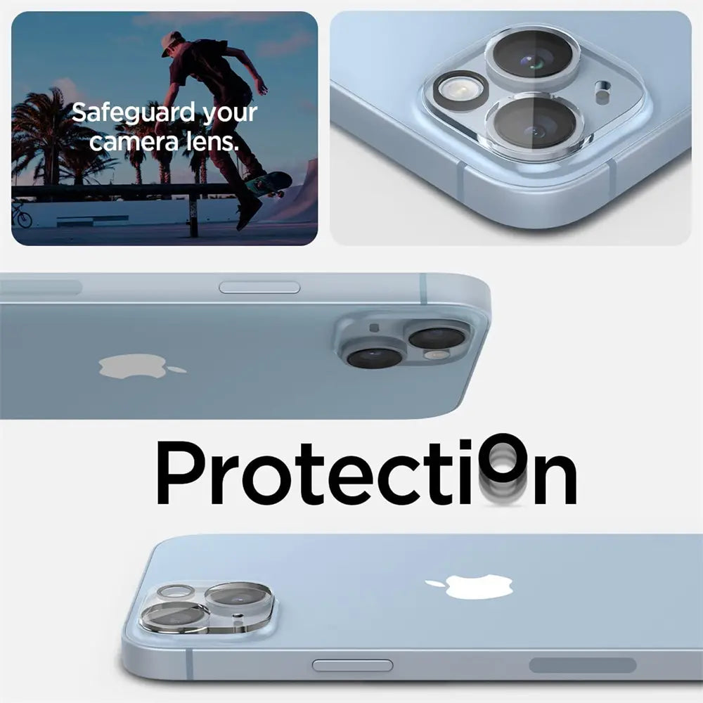 Hellblaues iPhone 14 mit Kamera-Schutzglas, Nahaufnahme von oben und Seite.