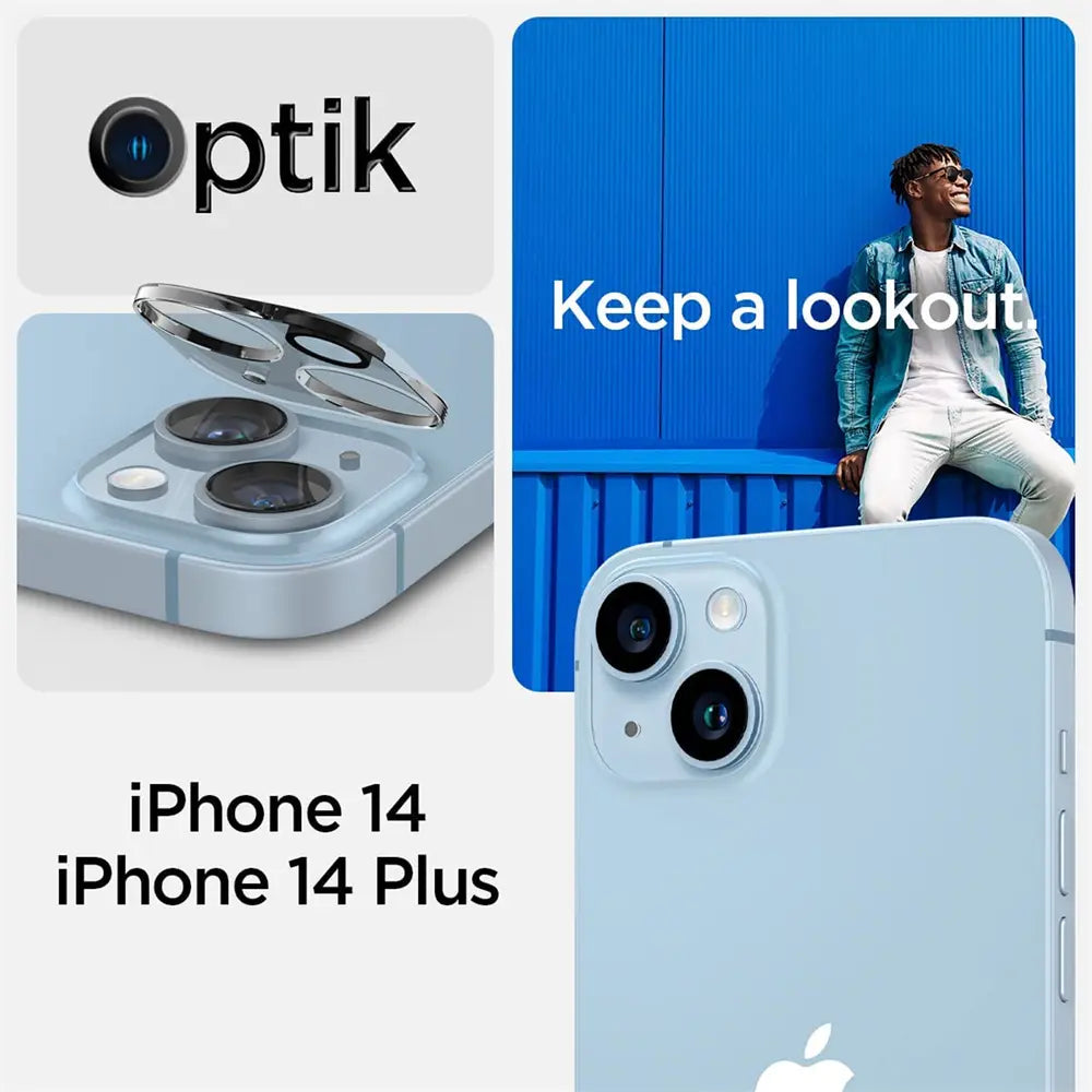 Hellblaues iPhone 14/14 Plus mit Kamera-Schutzglas, Nahaufnahme von hinten.