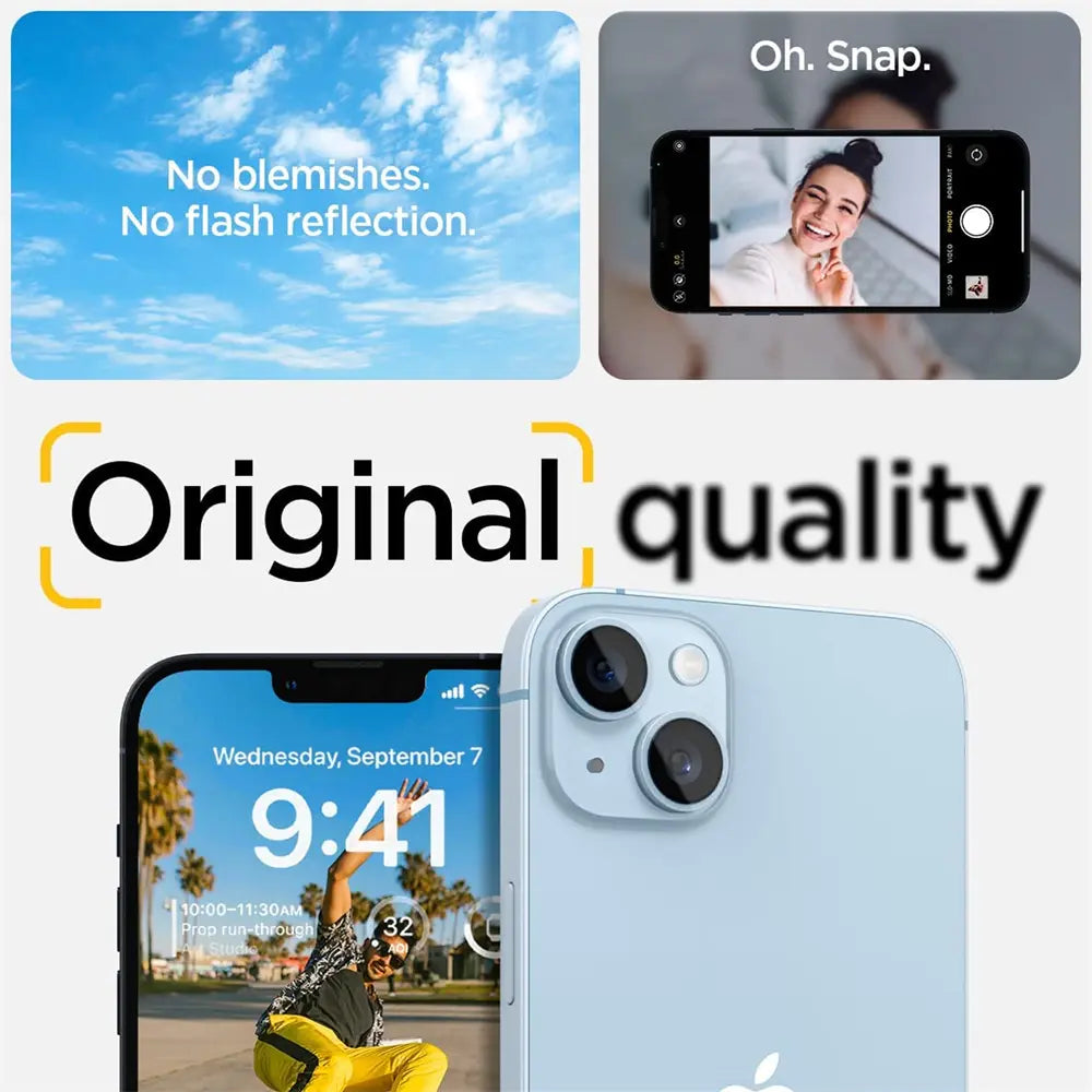Hellblaues iPhone 14/14 Plus, Rückseite, Nahaufnahme, Kamera-Schutzglas.