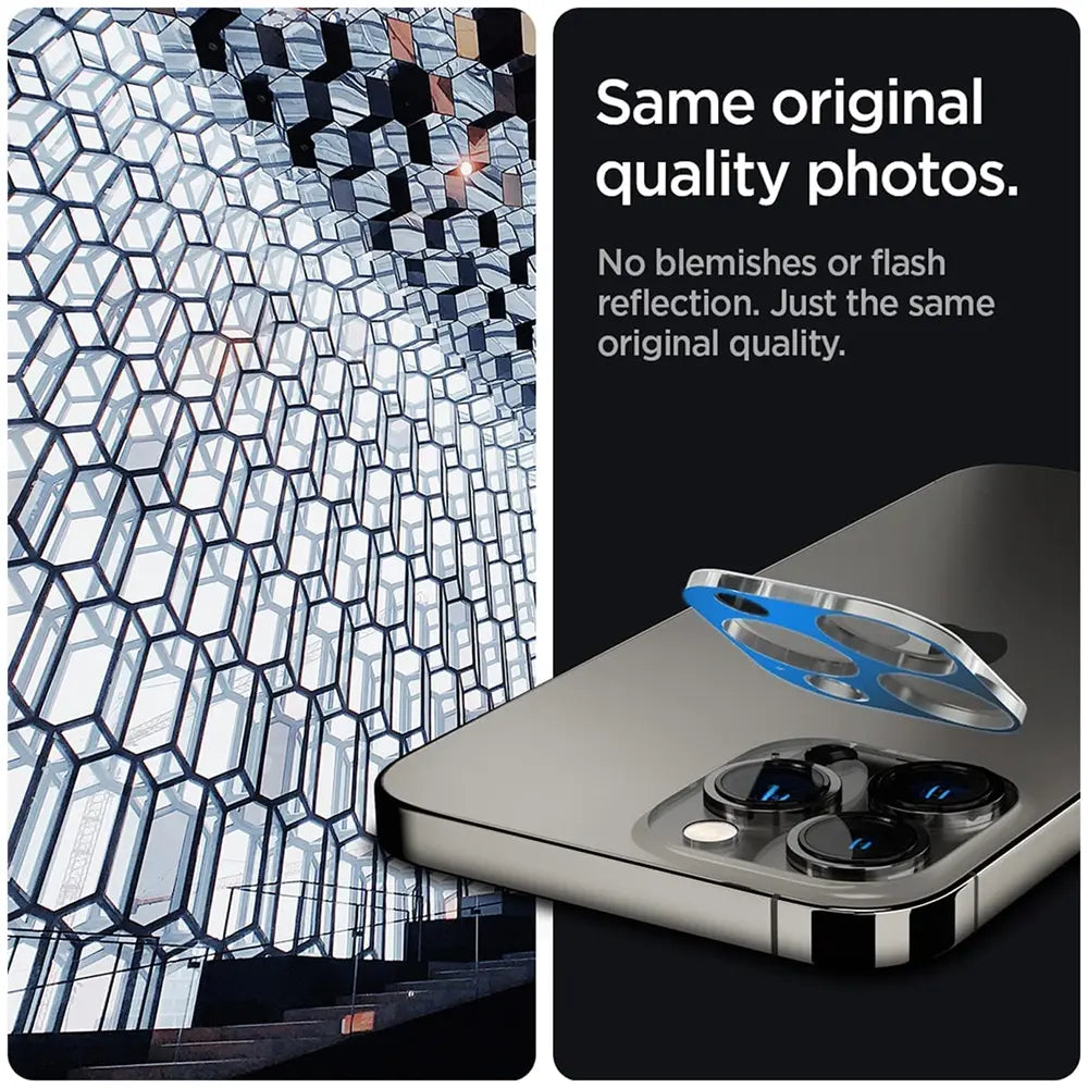 Silbernes Kamera-Schutzglas auf iPhone 14 Pro Max, Nahaufnahme von hinten.