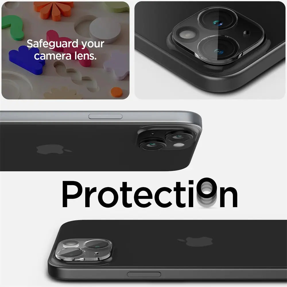 Schwarzes iPhone mit Kamera-Schutzglas, Nahaufnahme von hinten, von oben und leicht schräg.