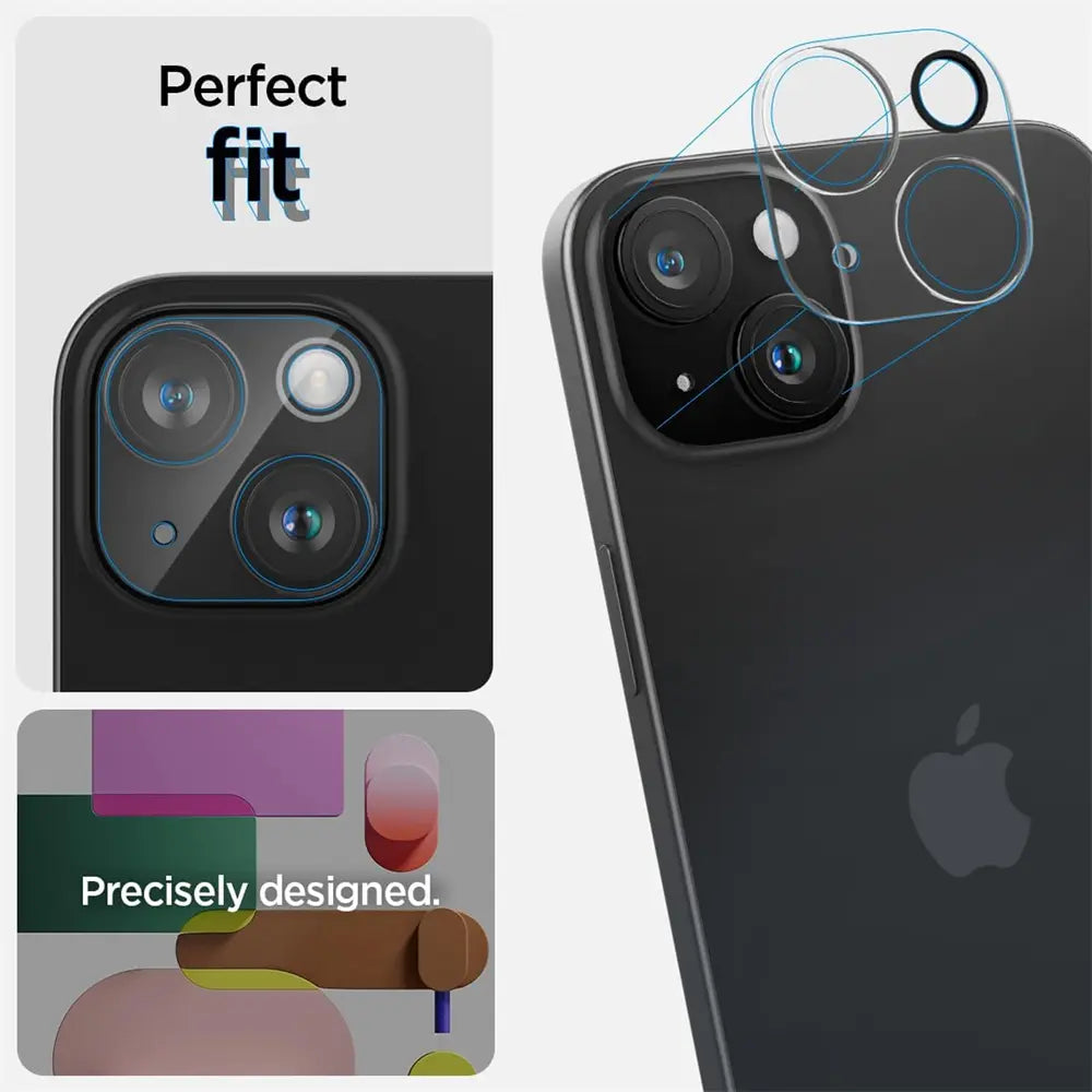 Schwarzes iPhone 15 mit transparentem Kameraschutzglas, Nahaufnahme von hinten
