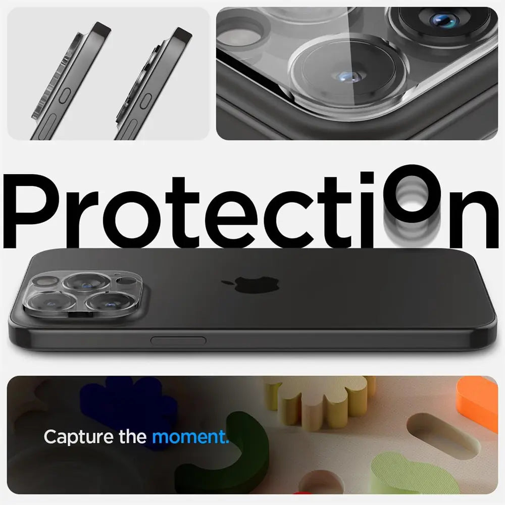 iPhone 15 Pro Max Kamera mit Schutzglas, Nahaufnahme, von der Seite, schwarzes iPhone