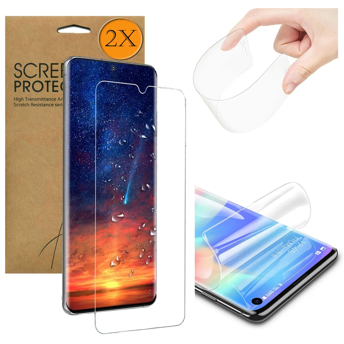 Braunes Paket, Huawei P40 Lite mit transparentem TPU-Schutzglas, ein gebogenes Schutzglas in Hand und ein Schutzglas auf.