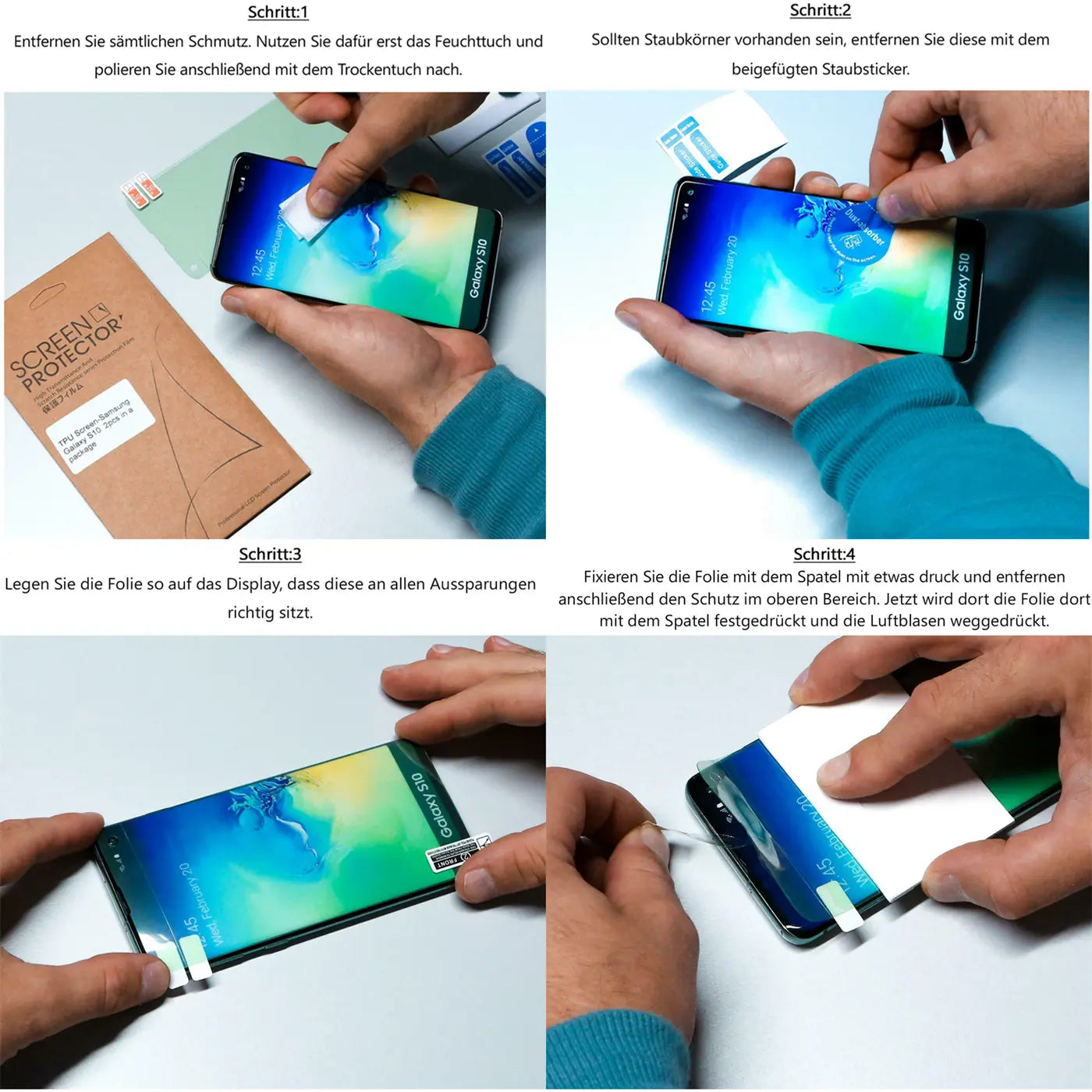 Vier Bilder zeigen die Anbringung einer transparenten TPU-Schutzfolie auf einem schwarzen Samsung Galaxy Note 10.