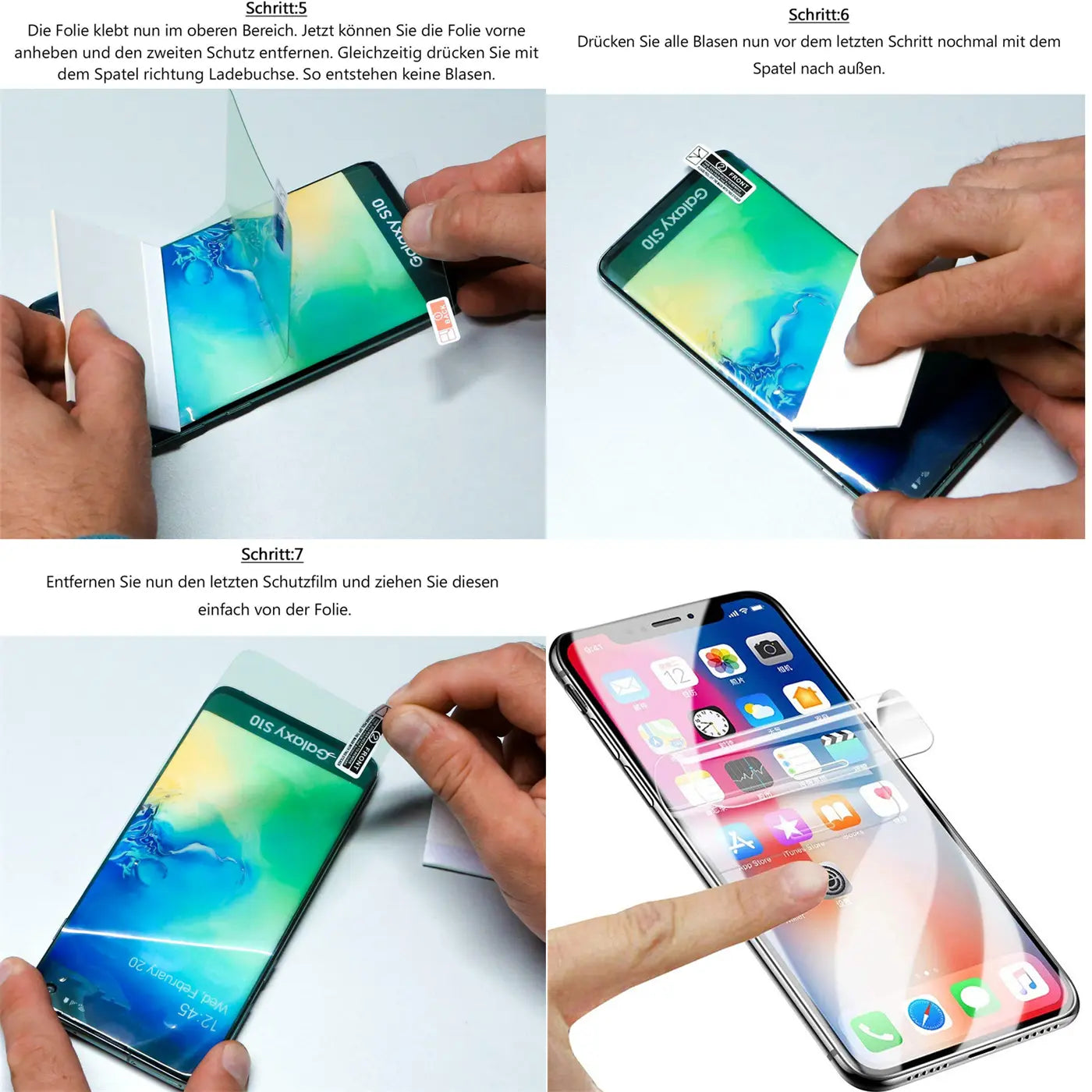 Vier Bilder zeigen die Anbringung einer transparenten TPU Schutzfolie auf einem schwarzen Smartphone (Samsung Galaxy S10).