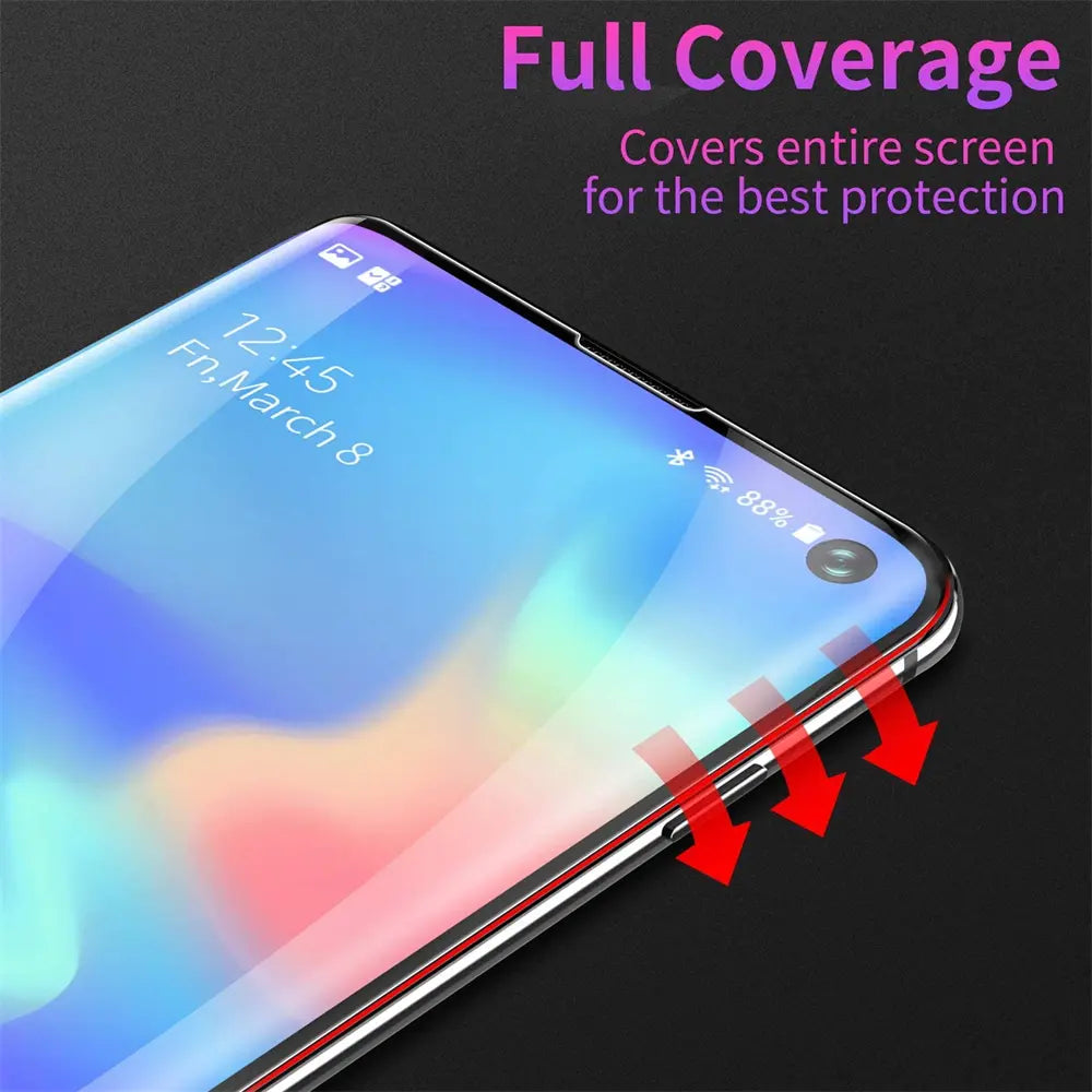 TPU Schutzglas auf Samsung S21 Plus, Nahaufnahme, von oben.