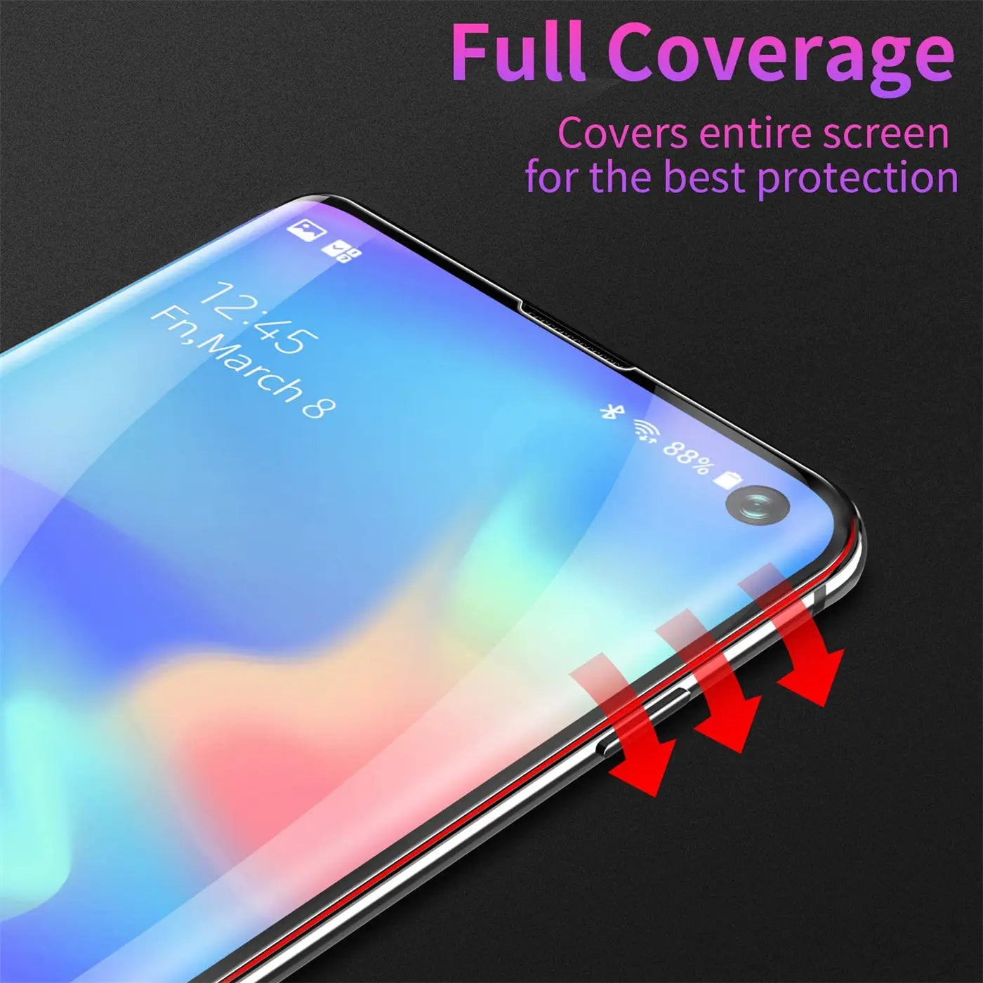 Nahaufnahme eines Samsung Galaxy S20 mit aufgesetztem, transparentem TPU-Schutzglas, von oben rechts. Rote Pfeile zeigen auf.