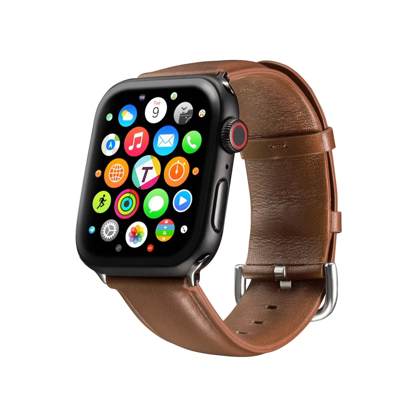 Braunes Lederarmband an einer Apple Watch, von vorne schräg betrachtet.