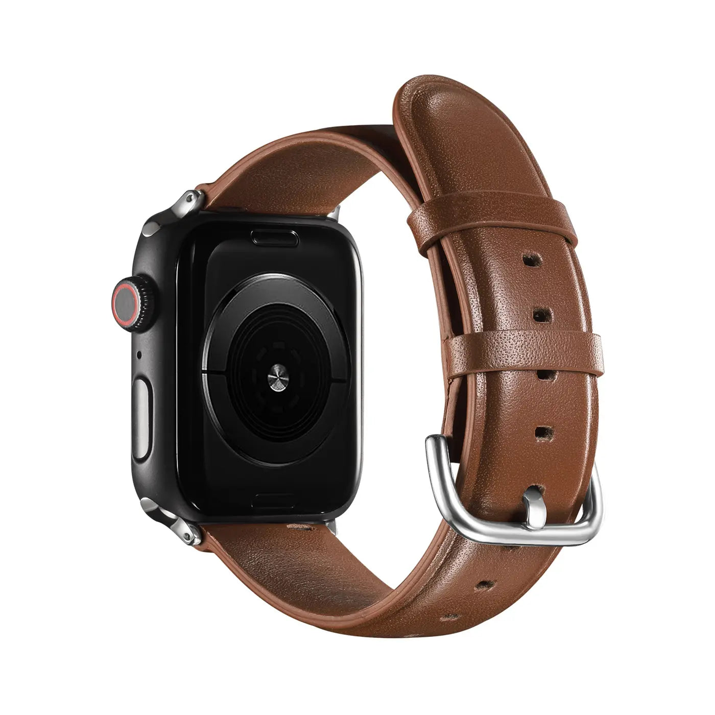 Braunes Lederarmband mit Metallschnalle an schwarzer Apple Watch, von schräg hinten.