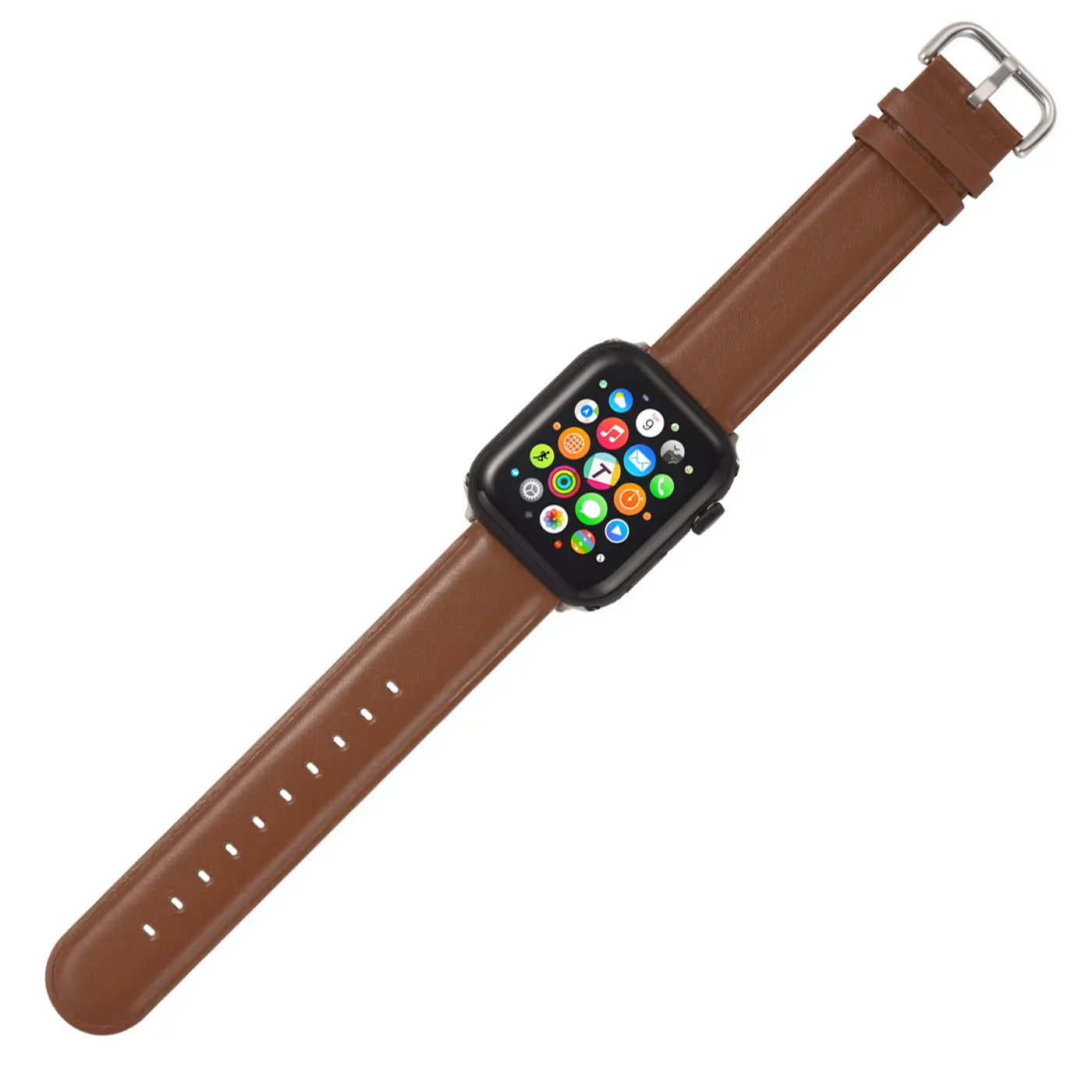Braunes Lederarmband mit schwarzem Apple Watch Gehäuse, von oben rechts betrachtet.