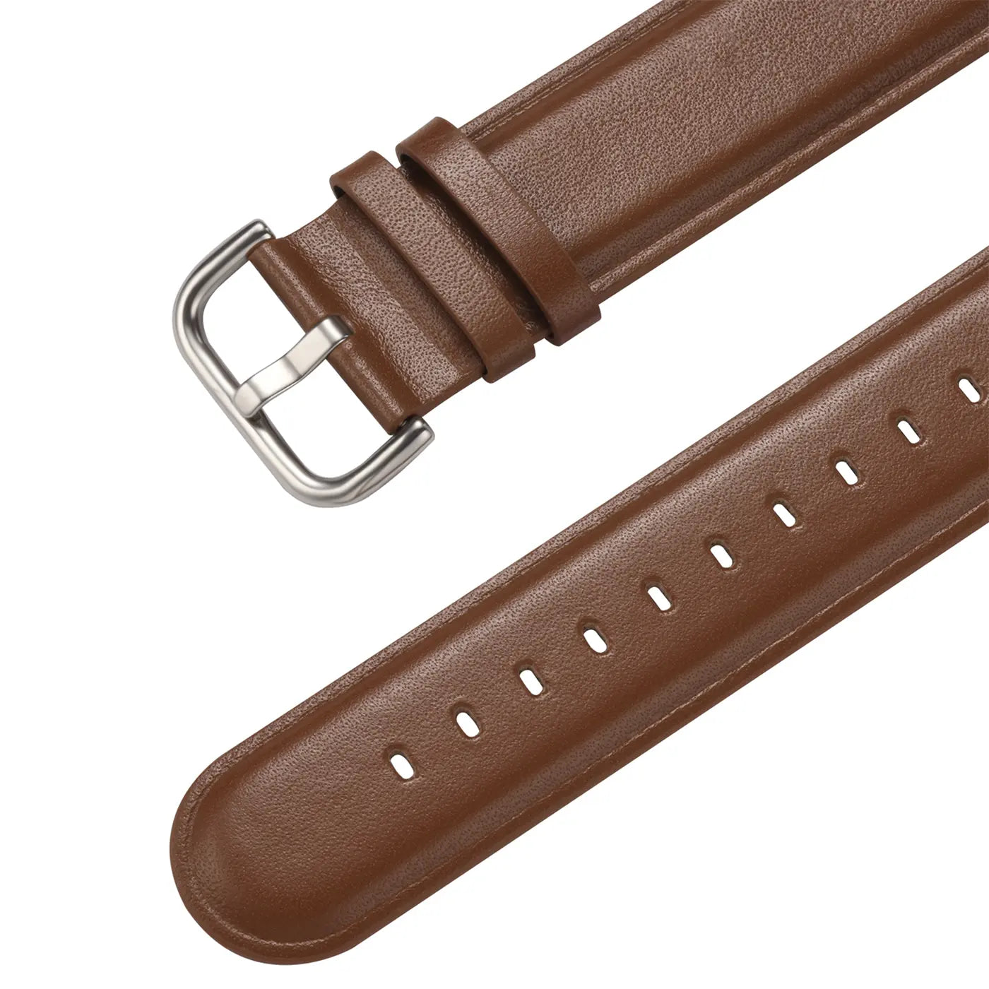 Braunes Lederarmband für Apple Watch, Nahaufnahme, Schnalle und Lochung sichtbar.