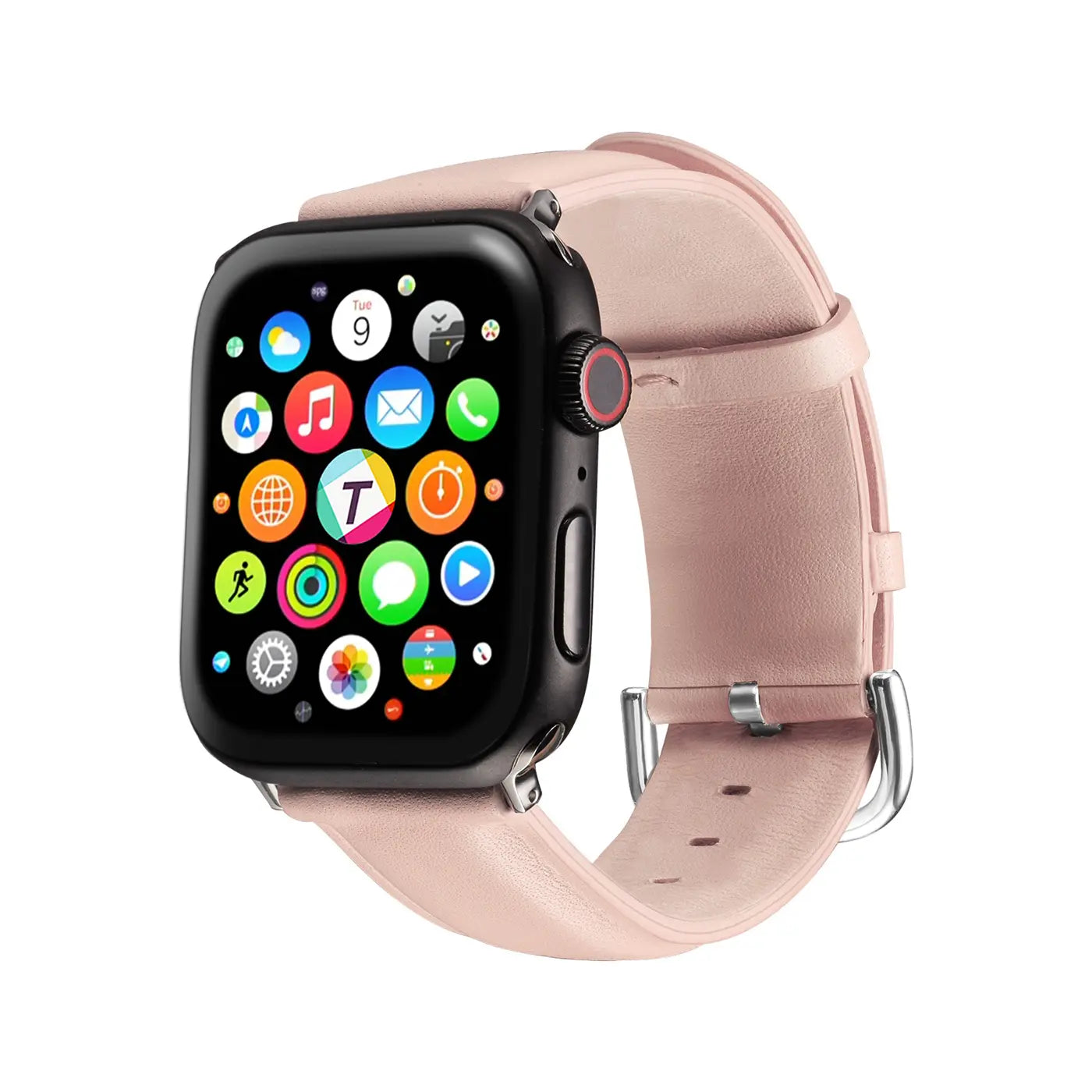 Apple Watch mit rosafarbenem Lederarmband, von vorne links gesehen.