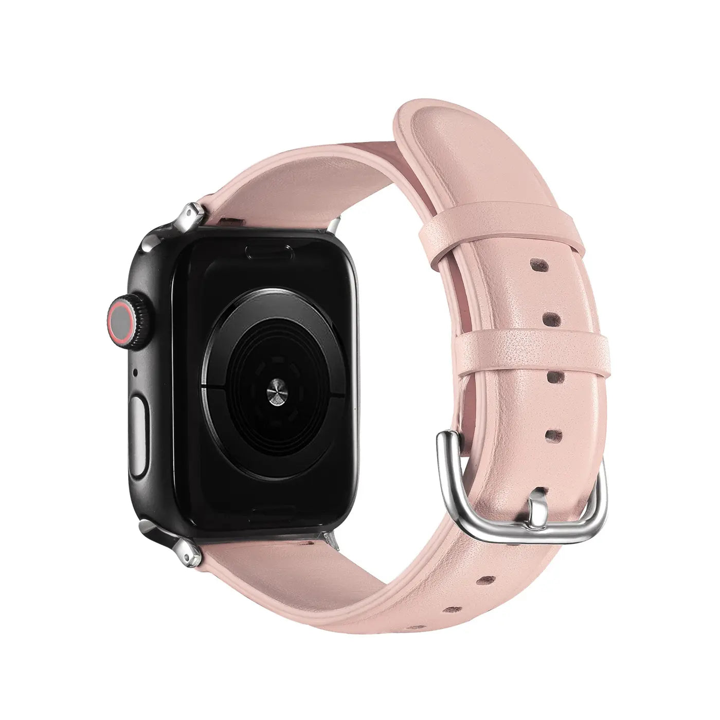 Rosa Lederarmband an schwarzer Apple Watch, Seitenansicht.