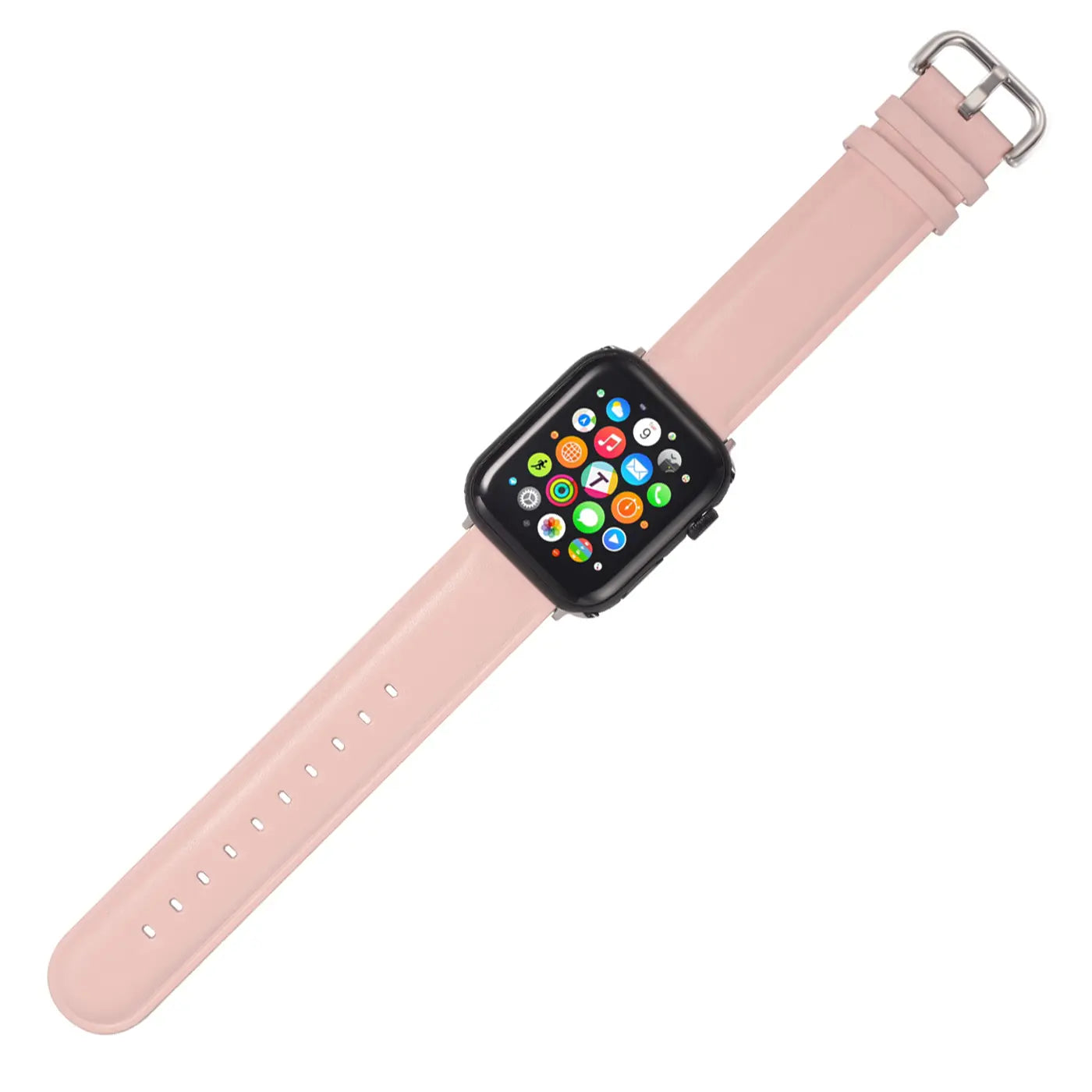 Rosa Lederarmband für Apple Watch, von oben links fotografiert.